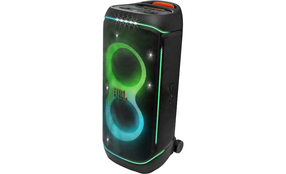 Power audio JBL PartyBox 720 akumulatory wymienne 15 godzin grania mobilność, power audio po skosie na białym tle