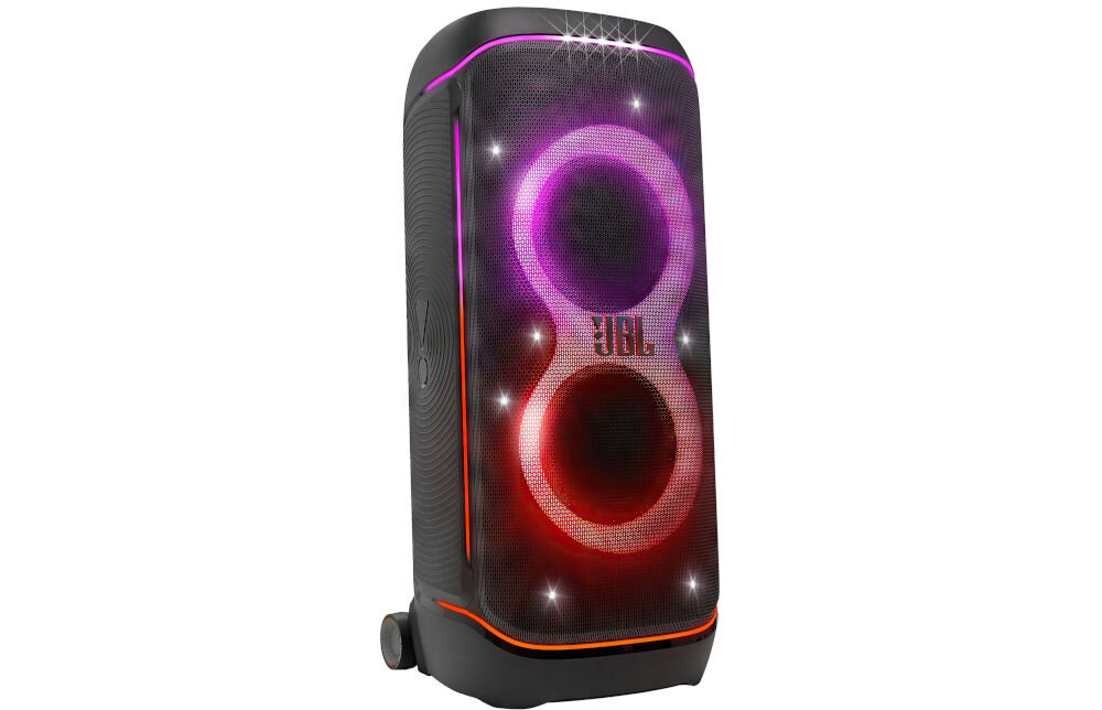Power audio JBL PartyBox 720 uchwyt ergonomiczny kółka transport mobilność, power audio po skosie na białym tle