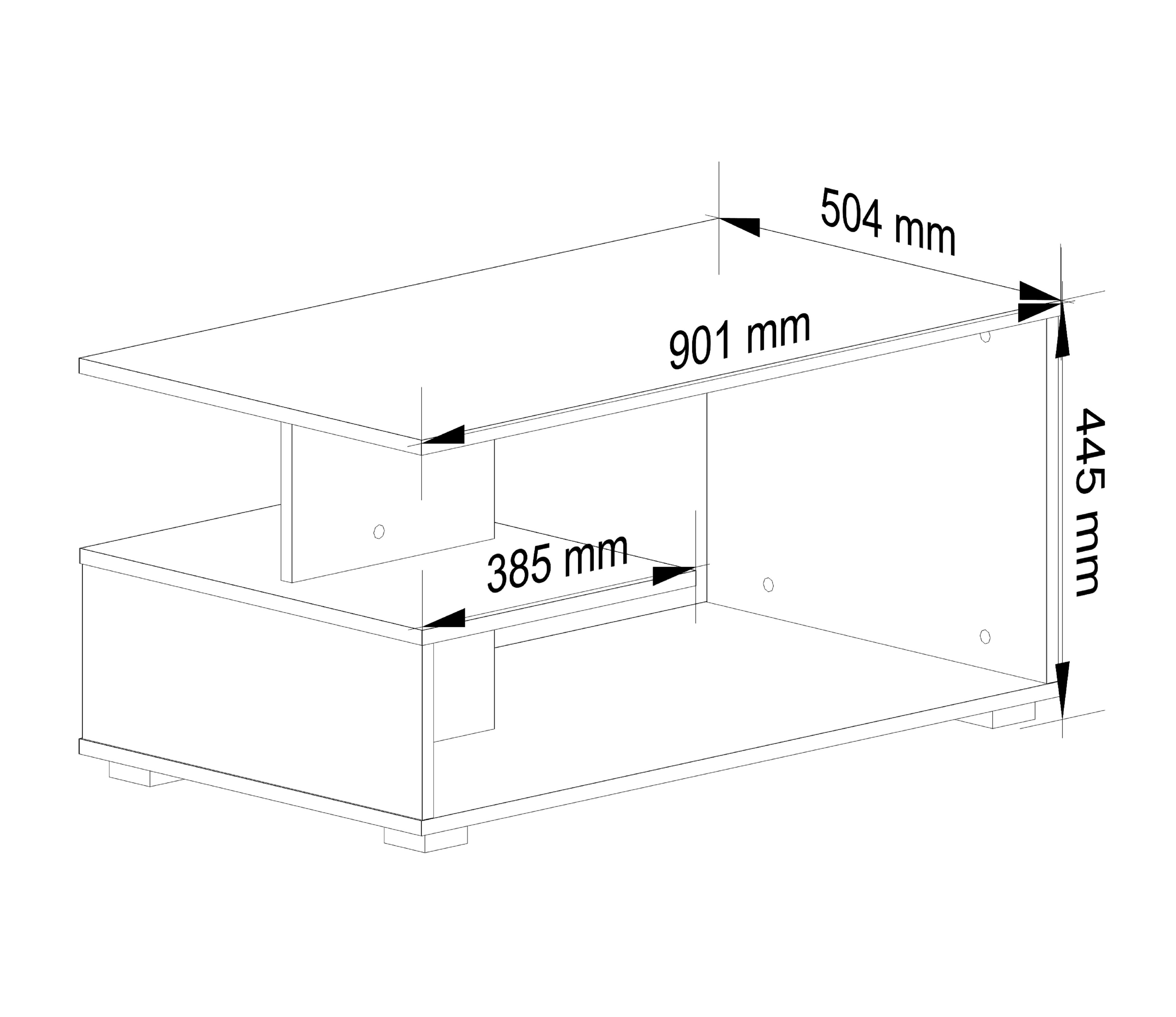 Schemat stolika kawowego z wymiarami: 901 mm długości, 504 mm szerokości, 445 mm wysokości oraz 385 mm głębokości półki.