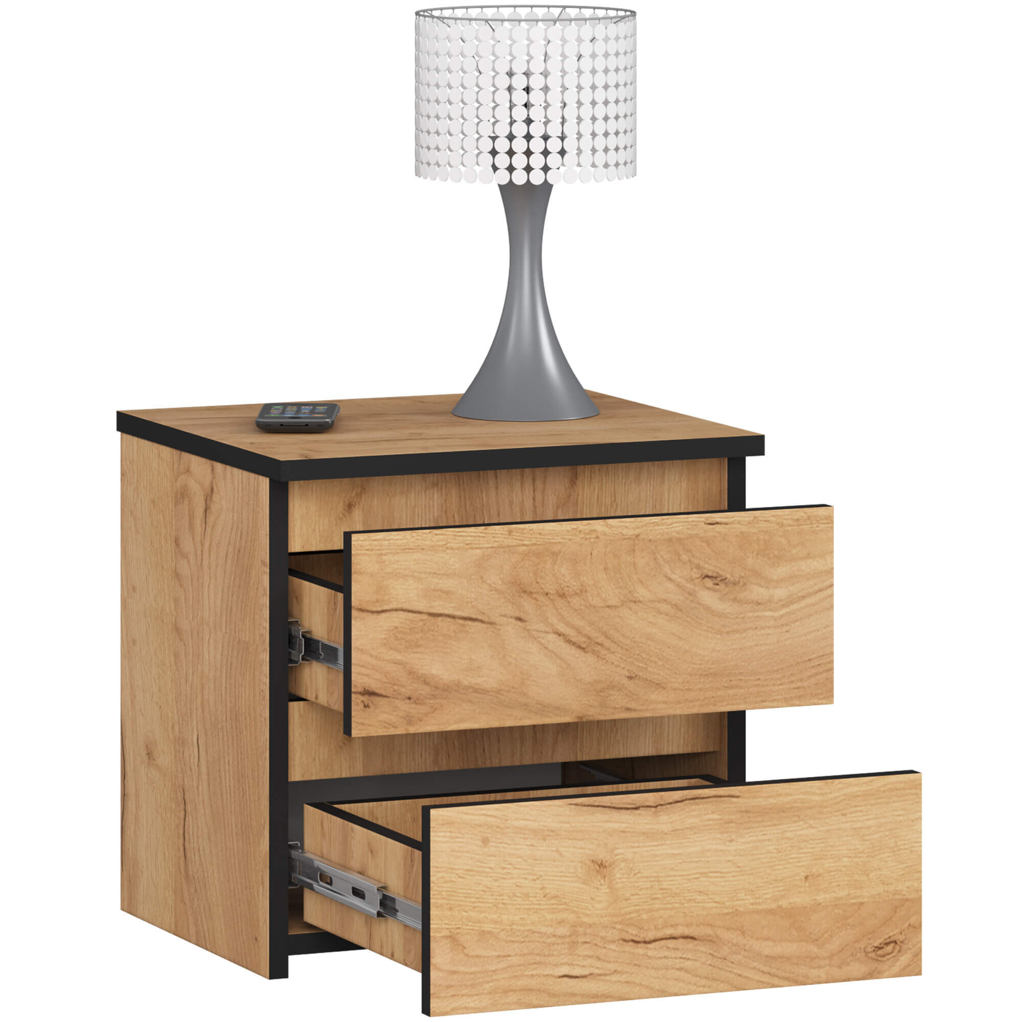 Szafka nocna z dwoma otwartymi szufladami w kolorze dąb craft, na której stoi lampa z metalową podstawą i przezroczystym kloszem. Obok lampy leży mały, czarny przedmiot przypominający pilot.