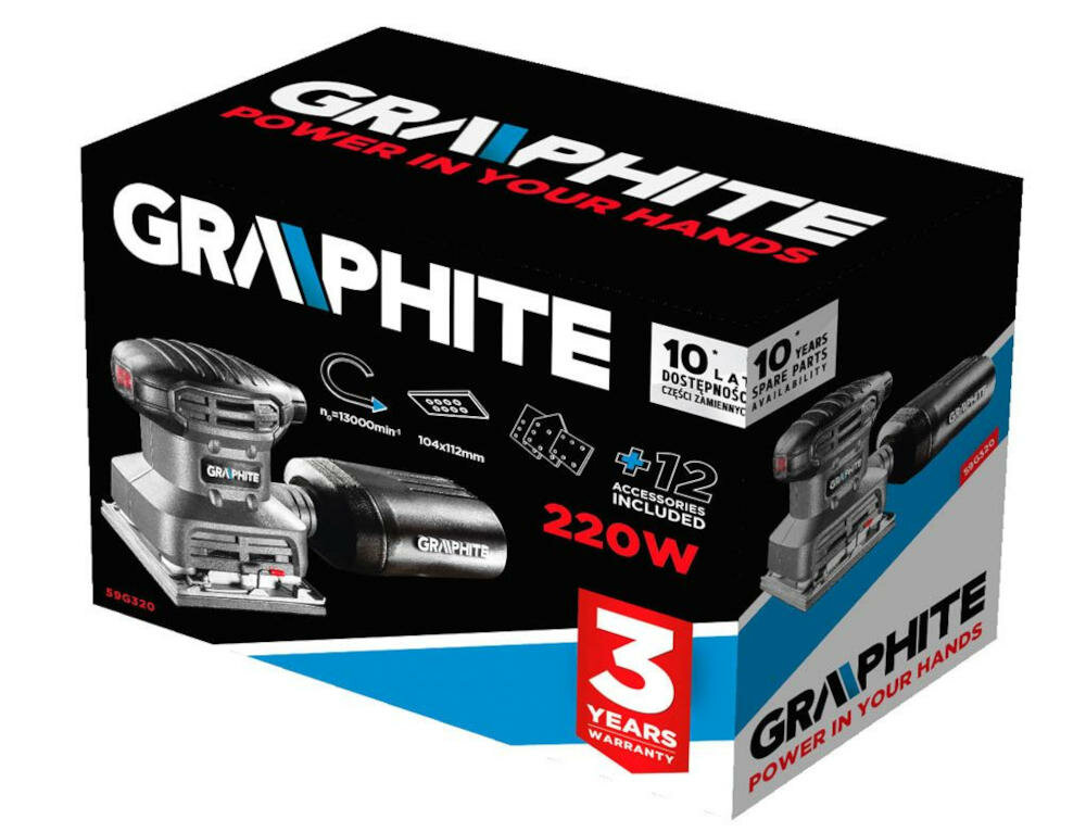 GRAPHITE-59G320 szlifierka oscylacyjna urządzenie pojemnik stopy papier ścierny instrukcja karta gwarancyjna