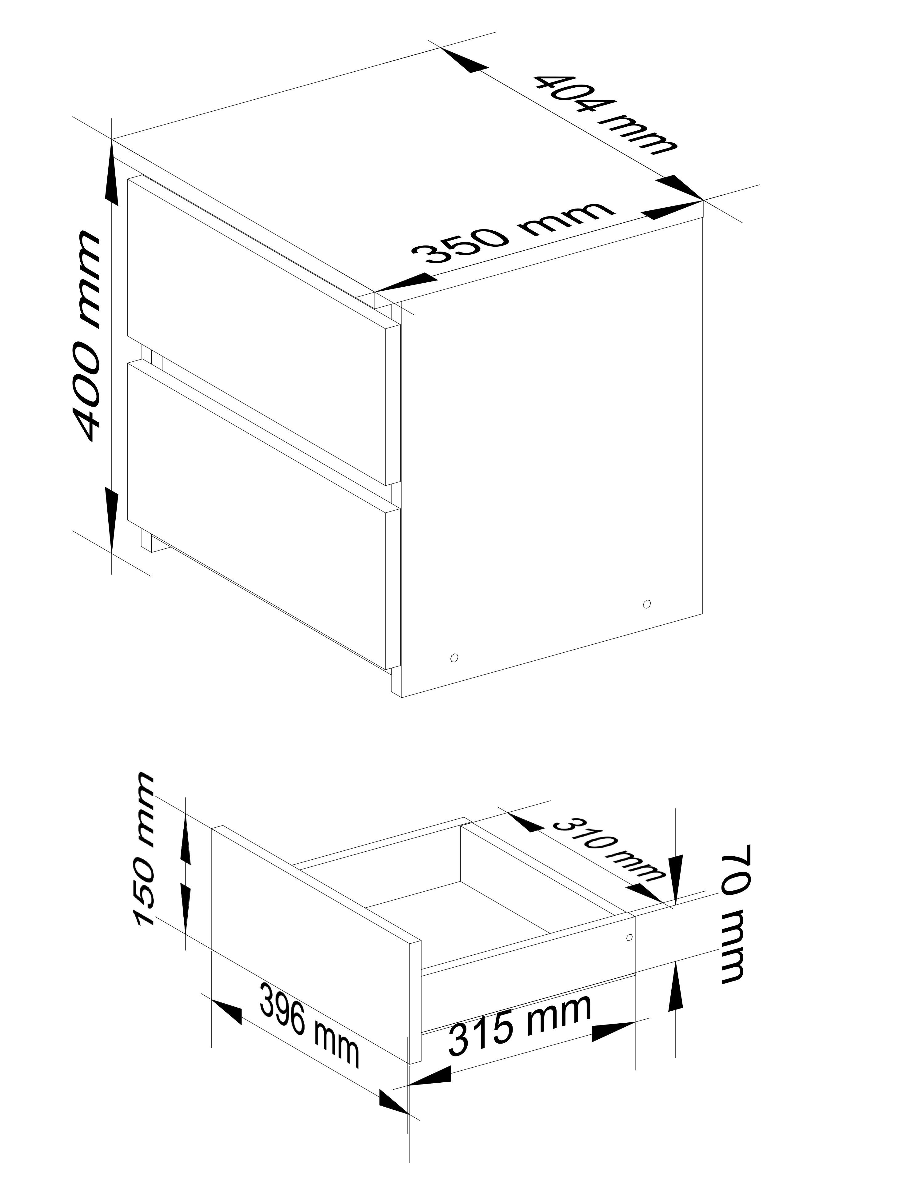 Rysunek techniczny przedstawia szafkę nocną z dwoma szufladami, z wymiarami: wysokość 400 mm, szerokość 404 mm, głębokość 350 mm. Wymiary szuflady to 396 mm szerokości, 315 mm głębokości i 150 mm wysokości.