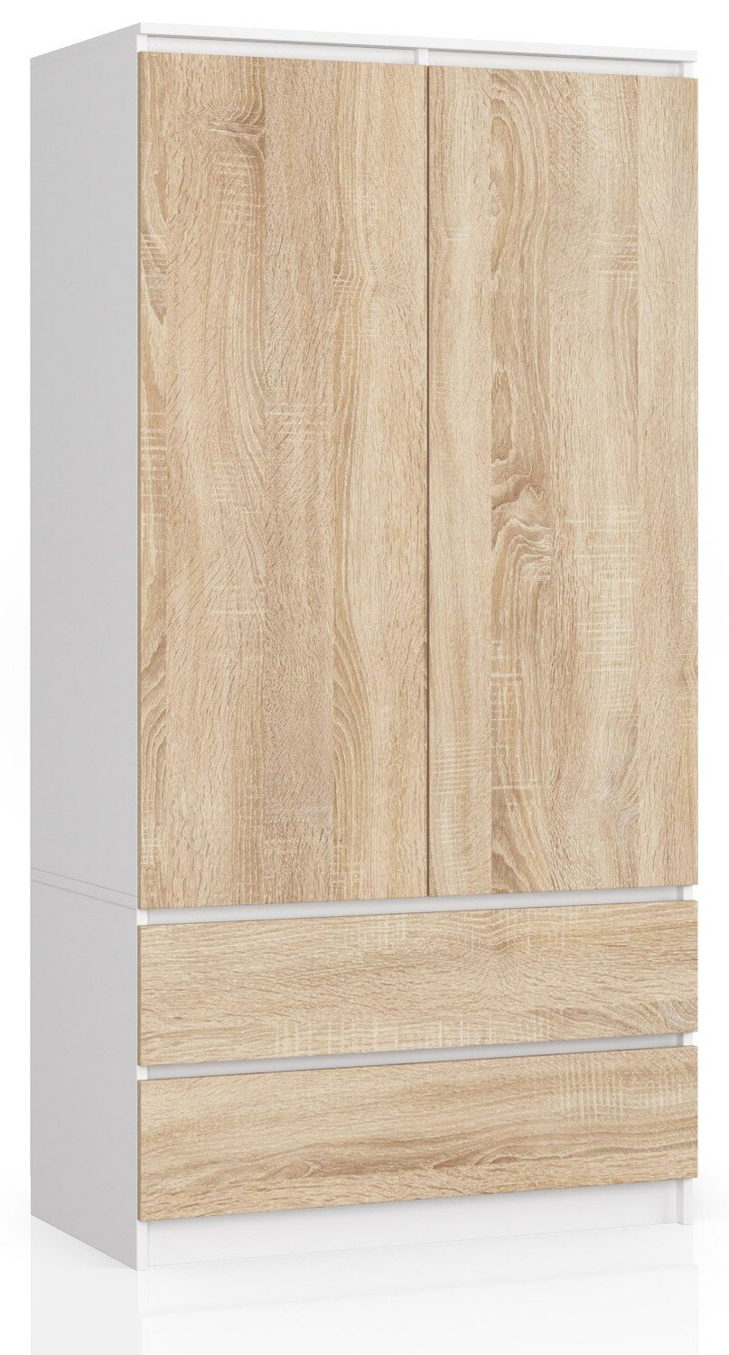 Szafa z dwoma drzwiami i dwiema szufladami w kolorze dąb sonoma, z białymi bokami. Mebel ma prosty, nowoczesny design.