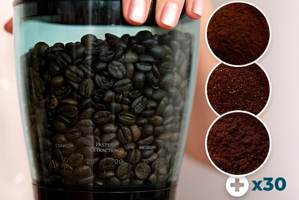Młynek do kawy CECOTEC Steelmill Touch 30 ustawień grubości mielenia do różnych metod parzenia kawy szeroki wachlarz opcji kawa na espresso kawa przelewowa french press inna ulubiona metoda dla miłośników kawy elastyczność możliwość eksperymentowania z różnymi smakami pełna kontrola optymalne rezultaty