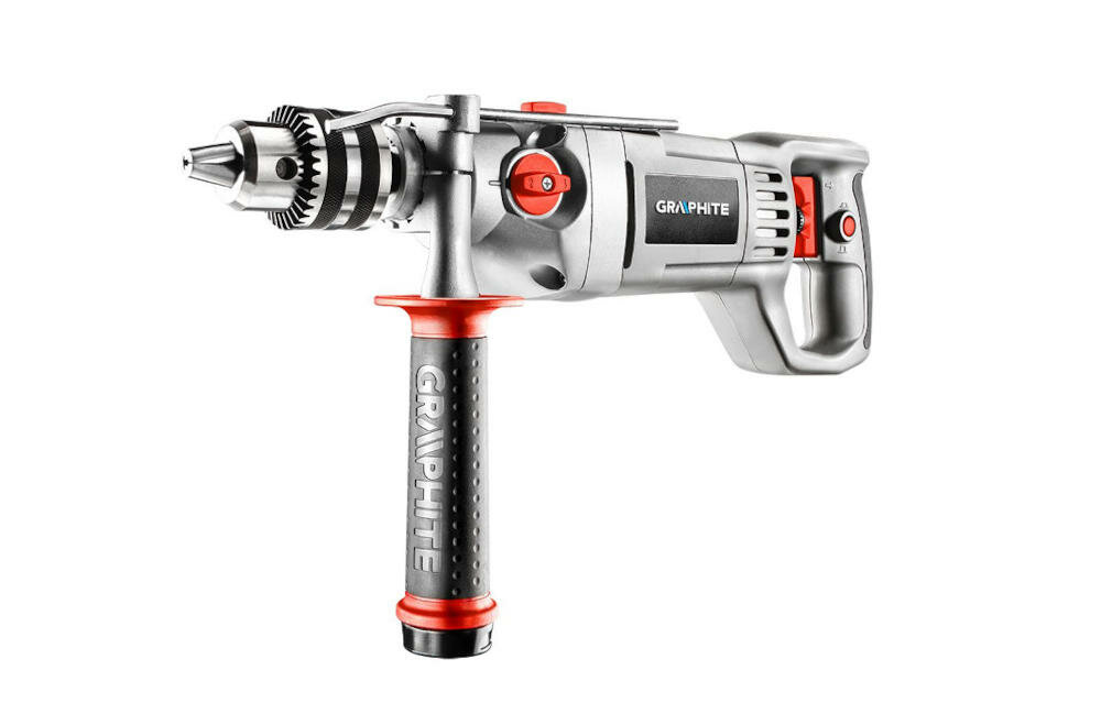 GRAPHITE-58G712 dwubiegowa wiertarka wiercenie tryb praca udarowa uchwyt kluczy ergonomiczna konstrukcja przewód blokada włącznik regulacja obroty