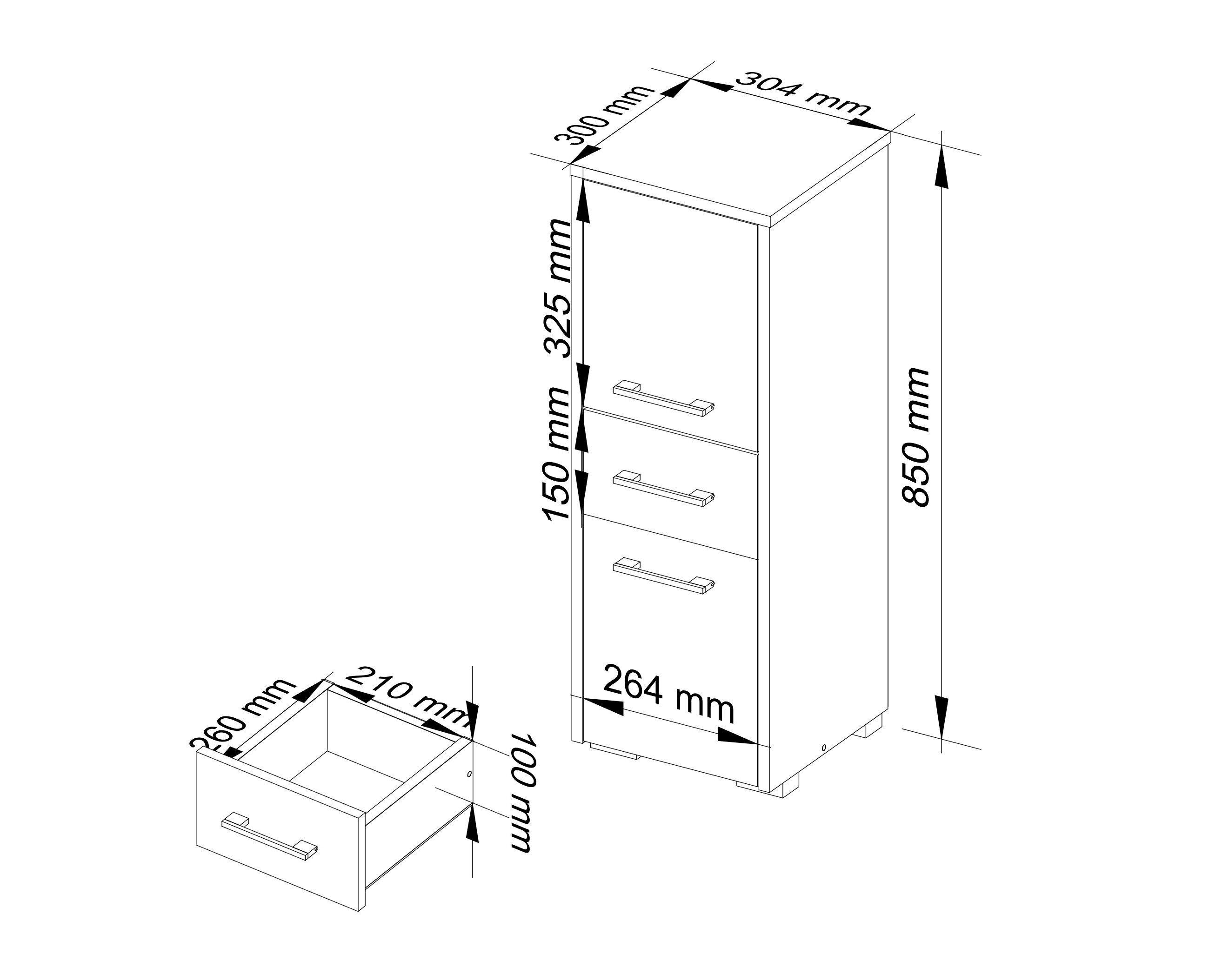 Schemat szafki łazienkowej z wymiarami: wysokość 850 mm, szerokość 300 mm, głębokość 304 mm. Szuflada ma wymiary 260 mm x 210 mm x 100 mm.