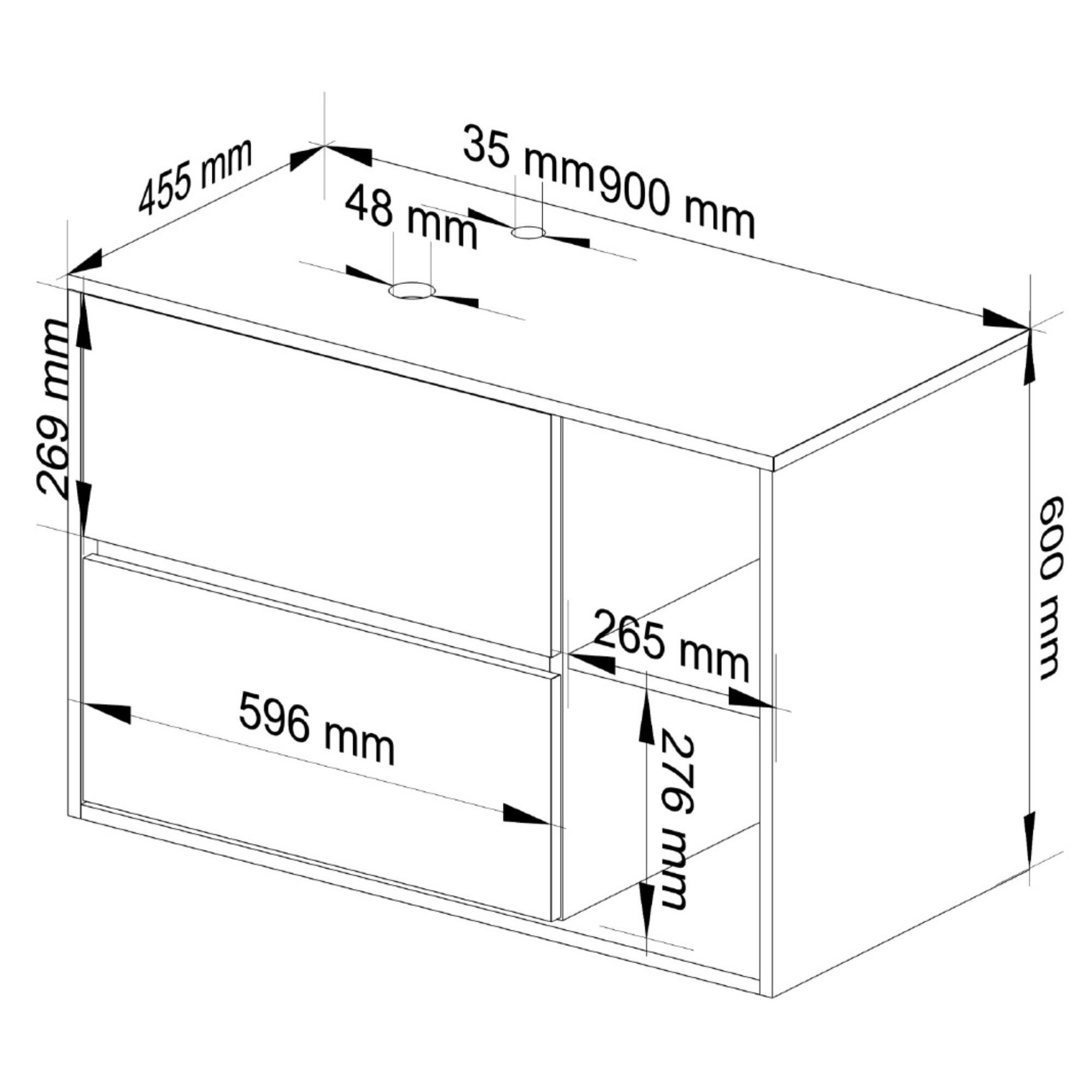 Schemat szafki łazienkowej z wymiarami: 900 mm szerokości, 600 mm wysokości i 455 mm głębokości. Widoczne są otwory o średnicy 48 mm oraz szczegółowe wymiary szuflad i półek.