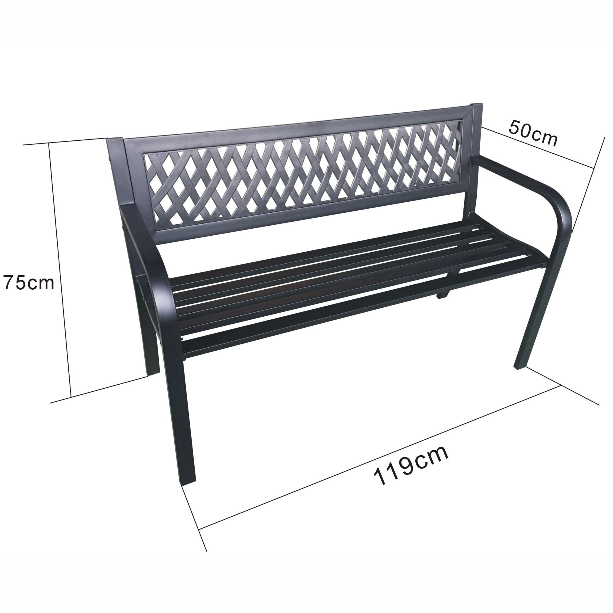 Brązowa ławka ogrodowa IRYS ze stalowymi nogami i żeliwnym oparciem szerokość 127 cm - AKORD Meble