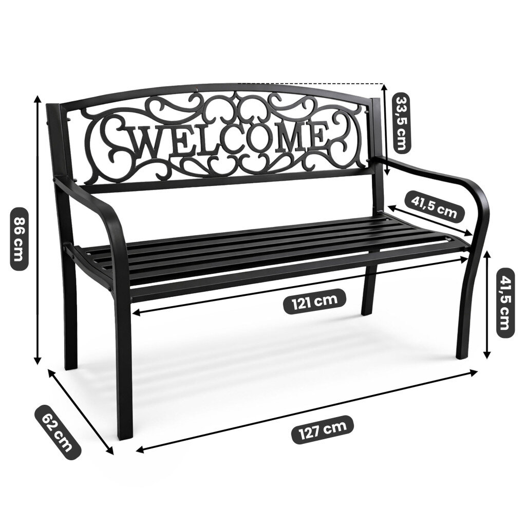 Czarna ławka ogrodowa z metalowymi elementami, z napisem \'WELCOME\' na oparciu. Wymiary: wysokość 86 cm, szerokość 127 cm, głębokość 62 cm.