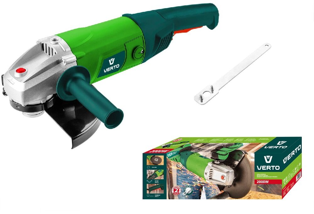 Szlifierka kątowa VERTO 51G203 w zestawie rękojeść dodatkowa specjalny klucz osłona instrukcja obsługi w polskiej wersji językowej karta gwarancyjna