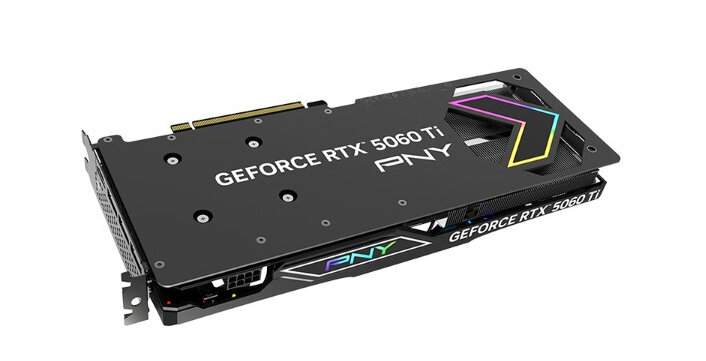 Karta graficzna PNY GeForce RTX 5060 Ti Epic-X RGB Triple Fan OC 8GB na białym tle.