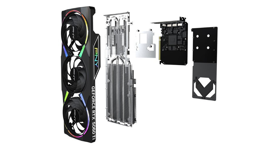 Rozłożona karta graficzna PNY GeForce RTX 5060 Ti Epic-X RGB Triple Fan OC 8GB na białym tle.
