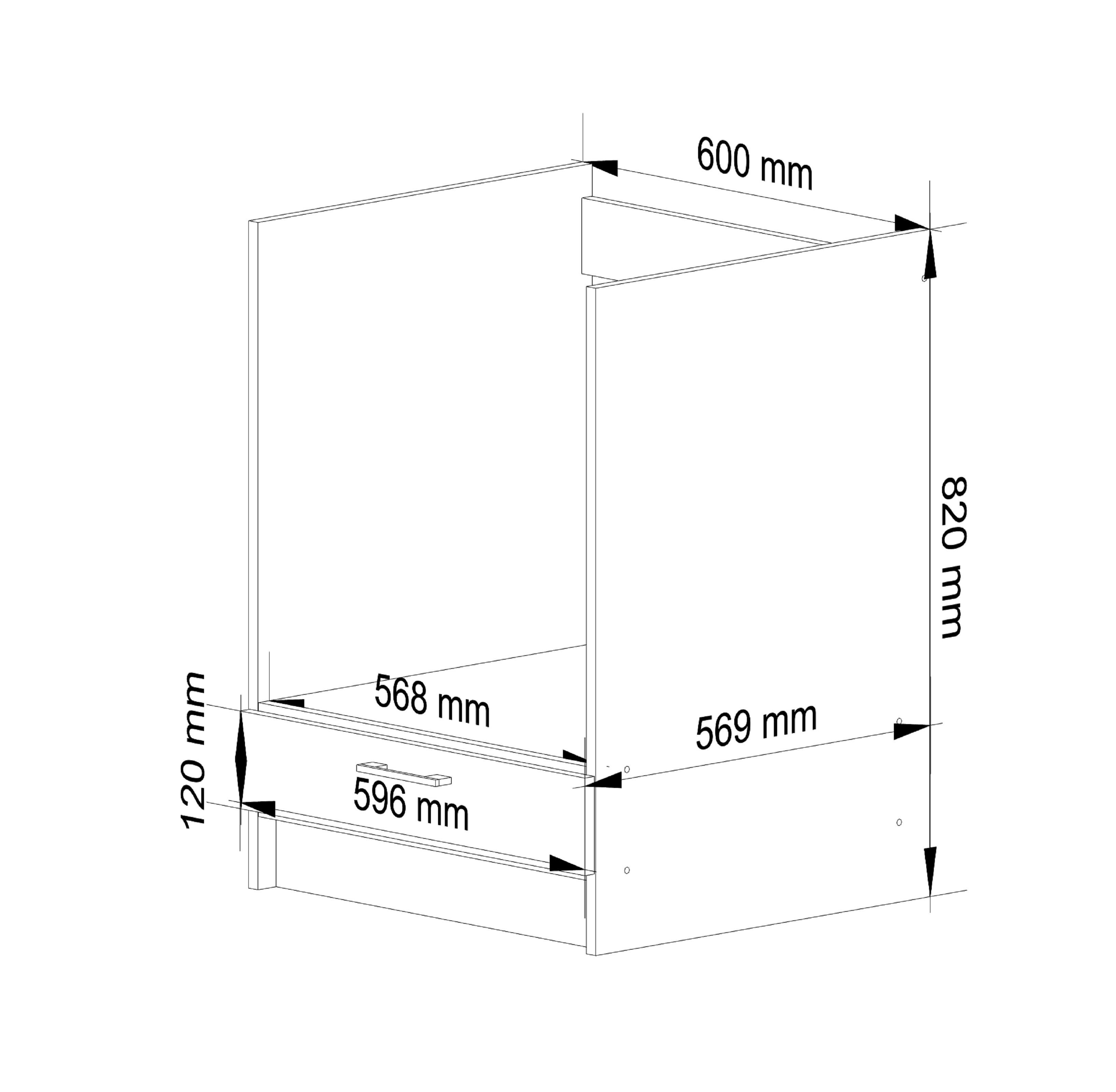 Schemat szafki kuchennej z wymiarami: 600 mm szerokości, 820 mm wysokości, 569 mm głębokości. Dodatkowe wymiary to 568 mm, 596 mm i 120 mm.