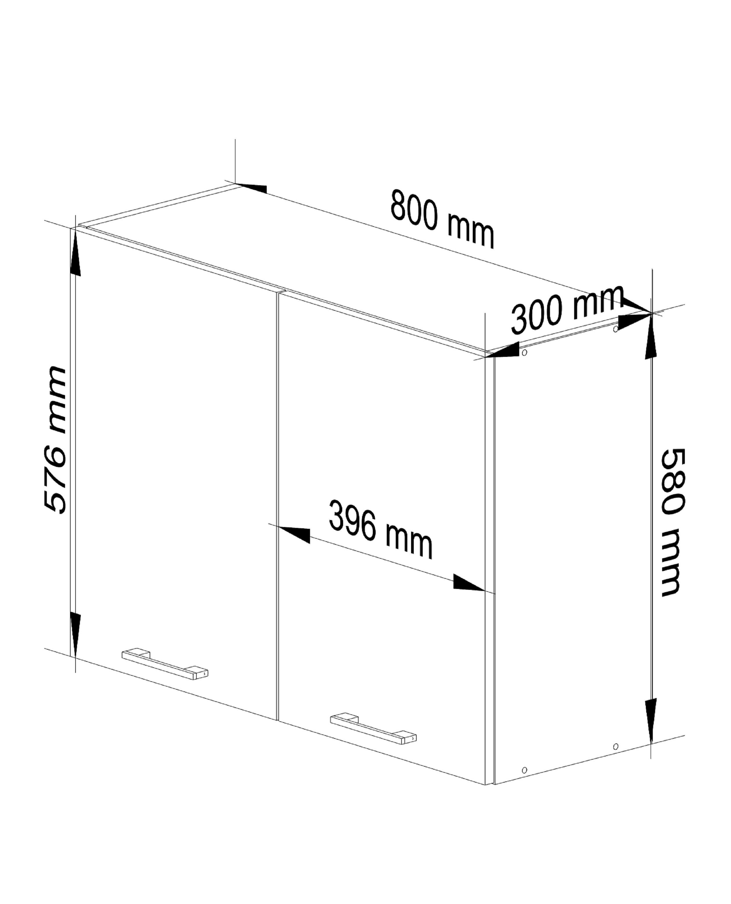 Schemat szafki kuchennej z wymiarami: szerokość 800 mm, głębokość 300 mm, wysokość 580 mm. Widoczne są dwa drzwi o szerokości 396 mm każde oraz uchwyty na drzwiach.