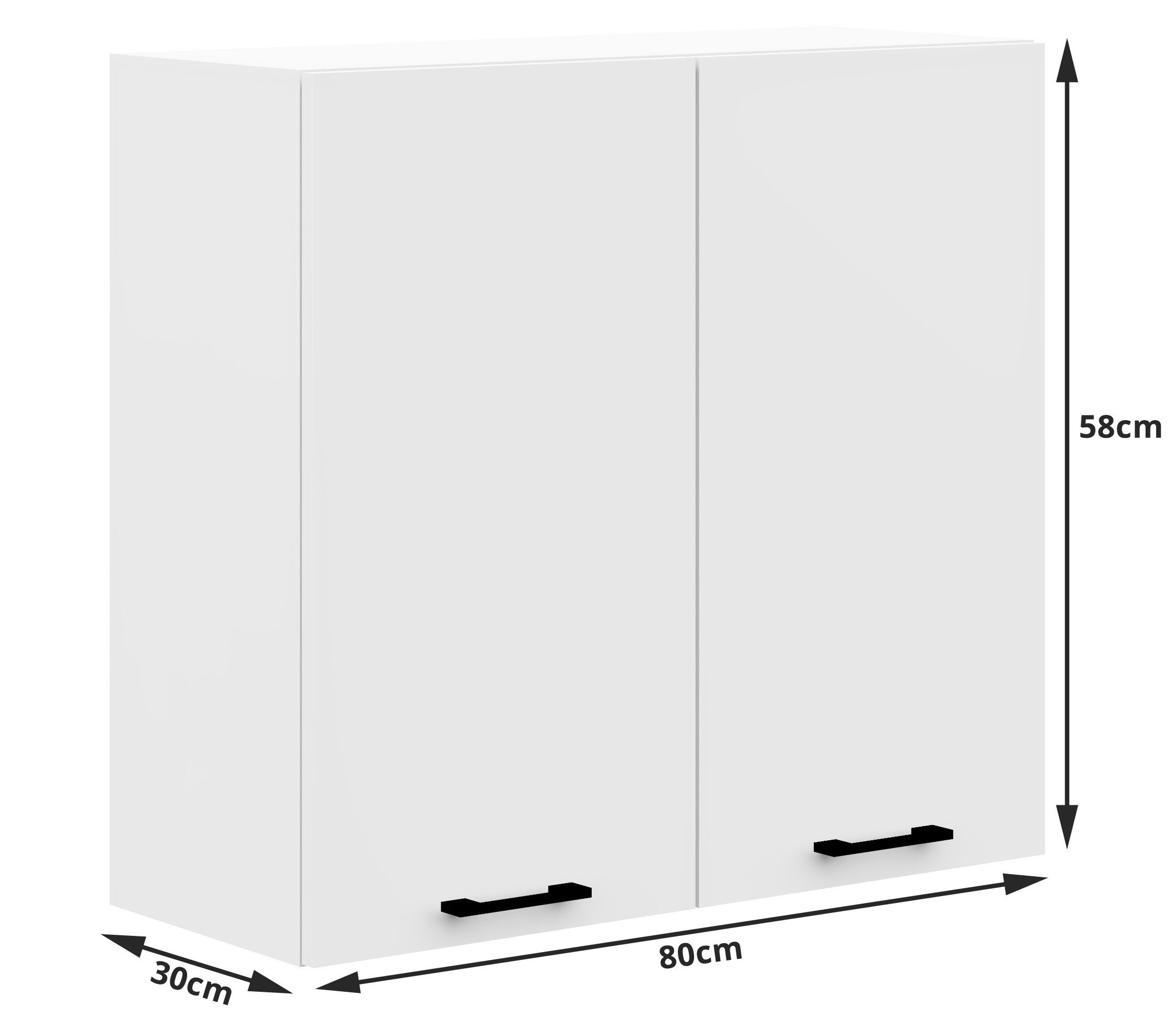 Biała szafka kuchenna z dwoma drzwiami i czarnymi uchwytami, o wymiarach 80 cm szerokości, 30 cm głębokości i 58 cm wysokości.