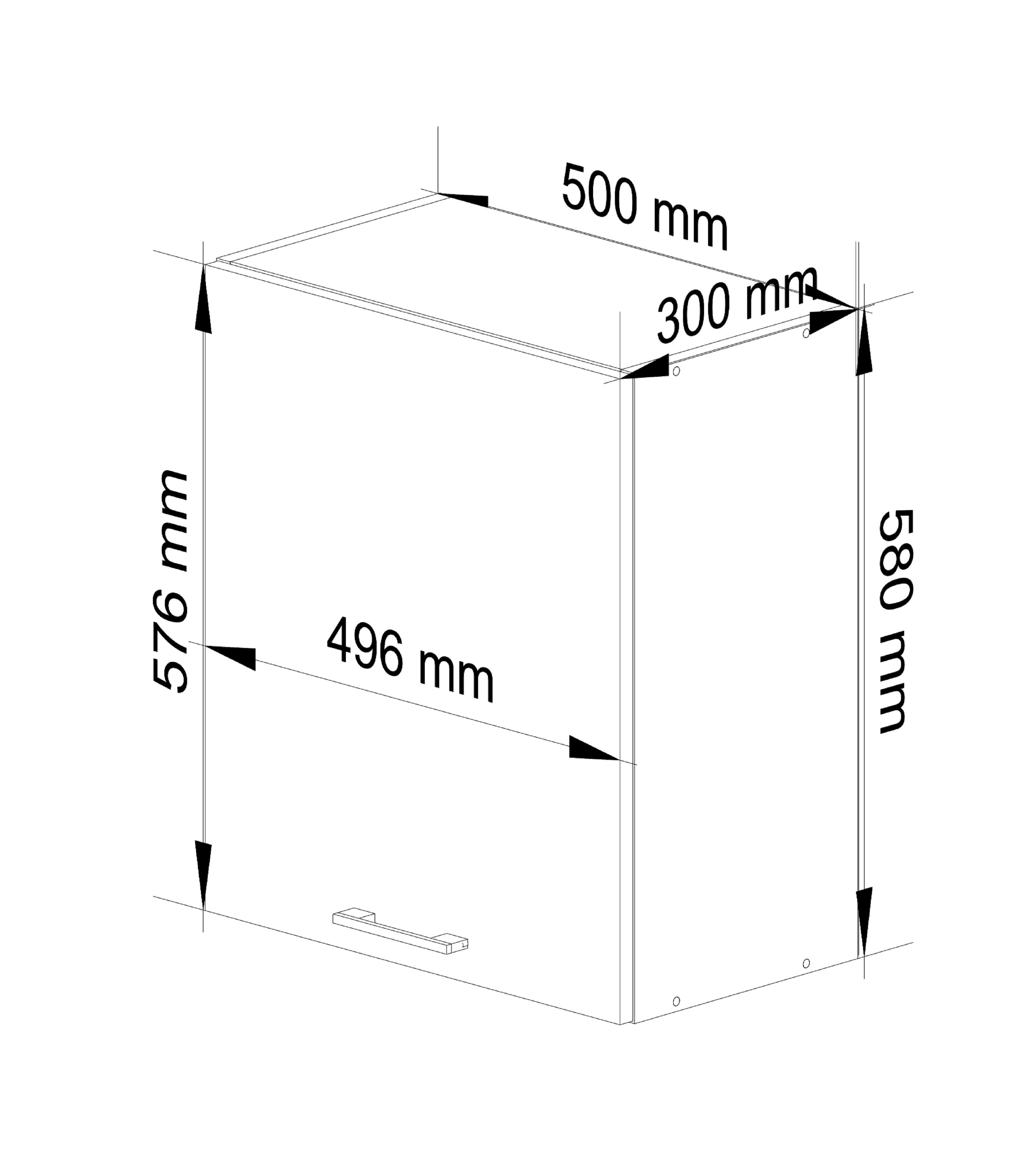 Schemat szafki kuchennej z wymiarami: 500 mm szerokości, 300 mm głębokości i 580 mm wysokości. Widoczne są również wymiary 576 mm i 496 mm na różnych częściach szafki.