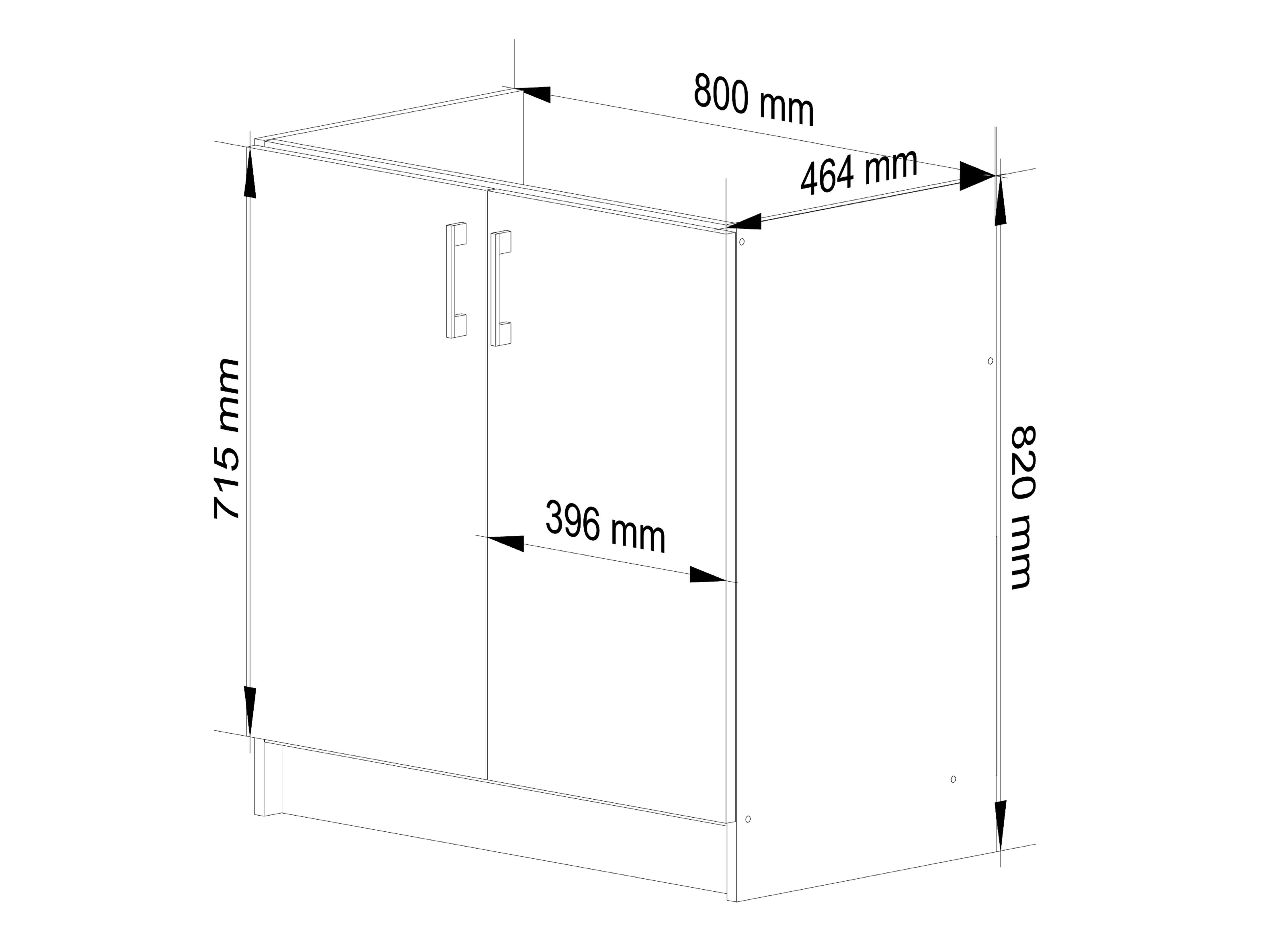 Schemat szafki kuchennej z wymiarami: wysokość 820 mm, szerokość 800 mm, głębokość 464 mm. Widoczne są również wymiary drzwi: 715 mm wysokości i 396 mm szerokości.