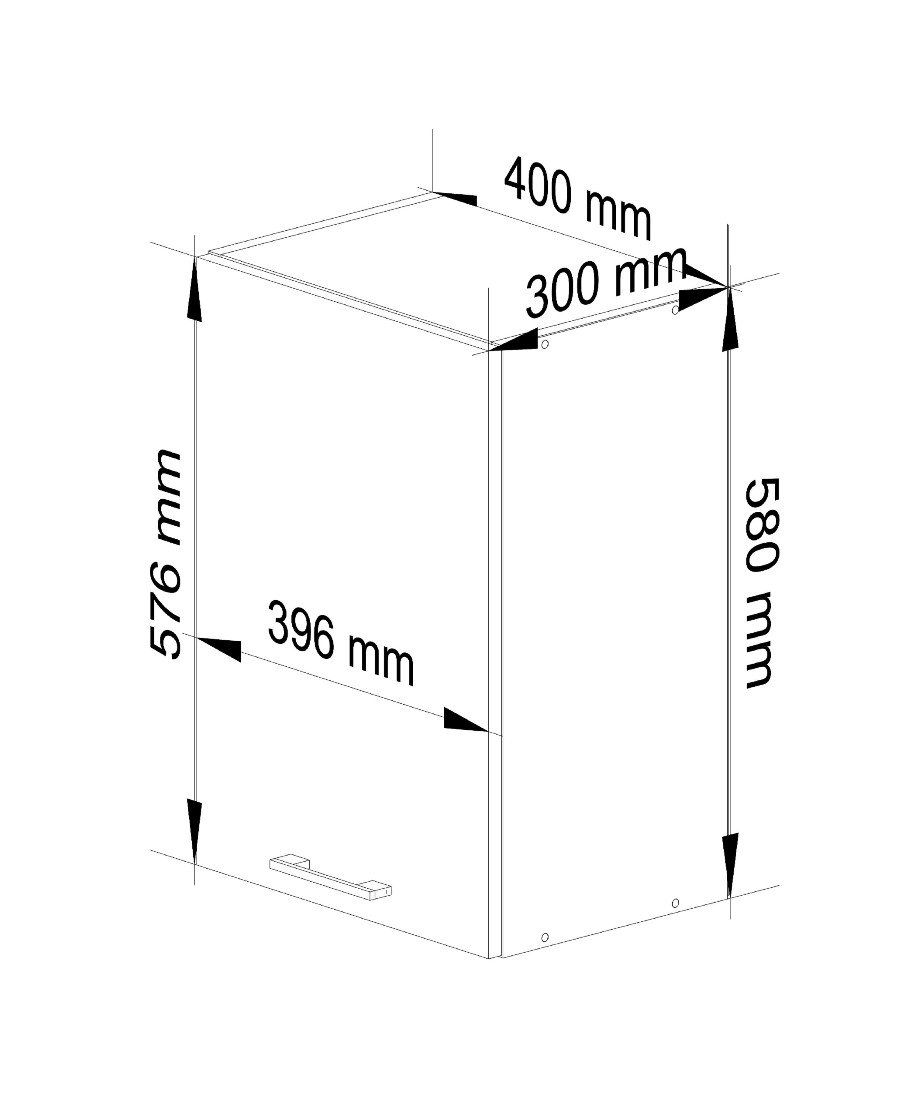 Schemat szafki kuchennej z wymiarami: 400 mm szerokości, 300 mm głębokości i 580 mm wysokości. Widoczne są oznaczenia wymiarów: 576 mm, 396 mm, 580 mm.