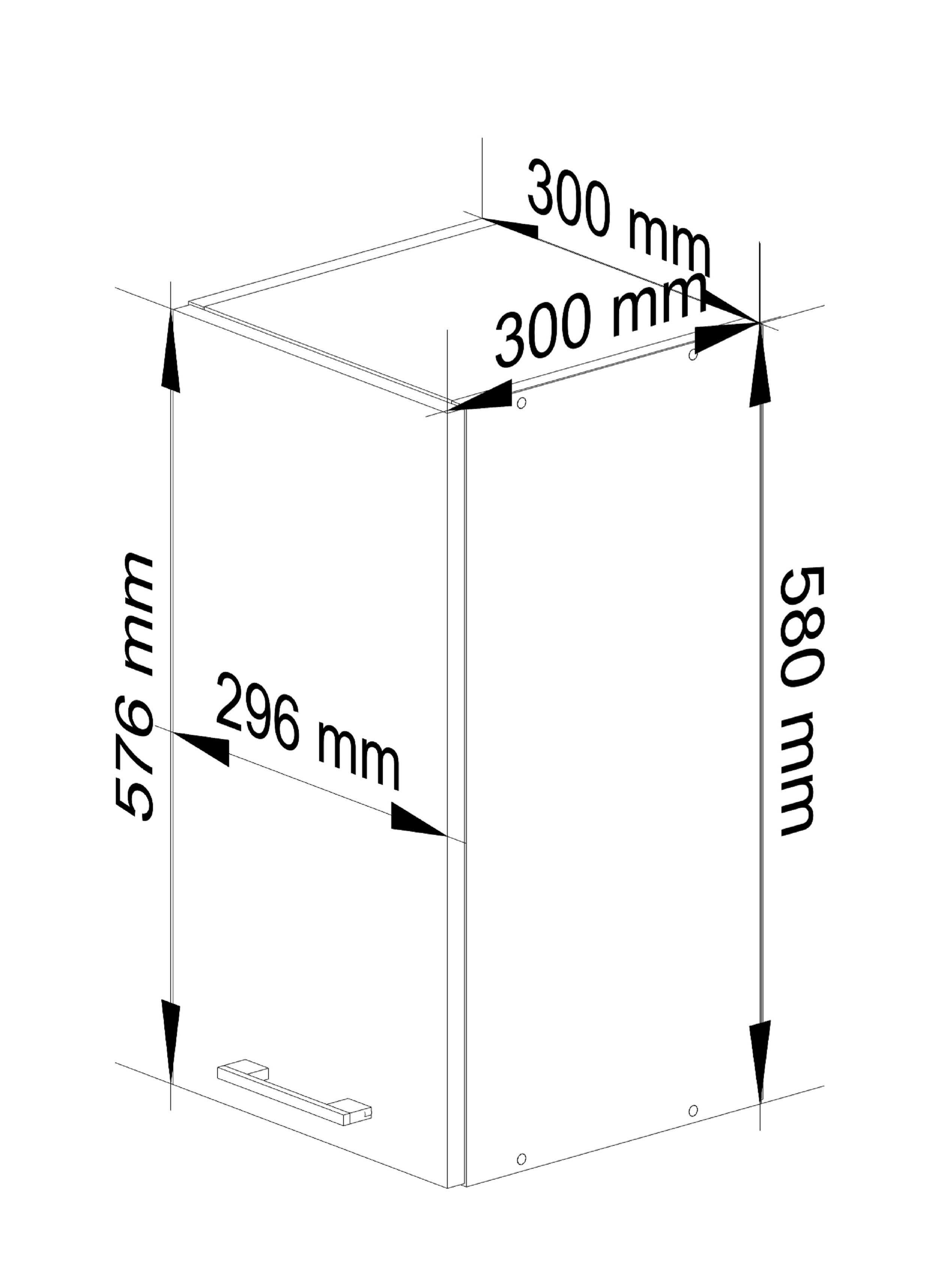 Schemat szafki kuchennej z wymiarami: 300 mm szerokości, 580 mm wysokości i 296 mm głębokości. Widoczne są oznaczenia wymiarów oraz uchwyt na drzwiach.