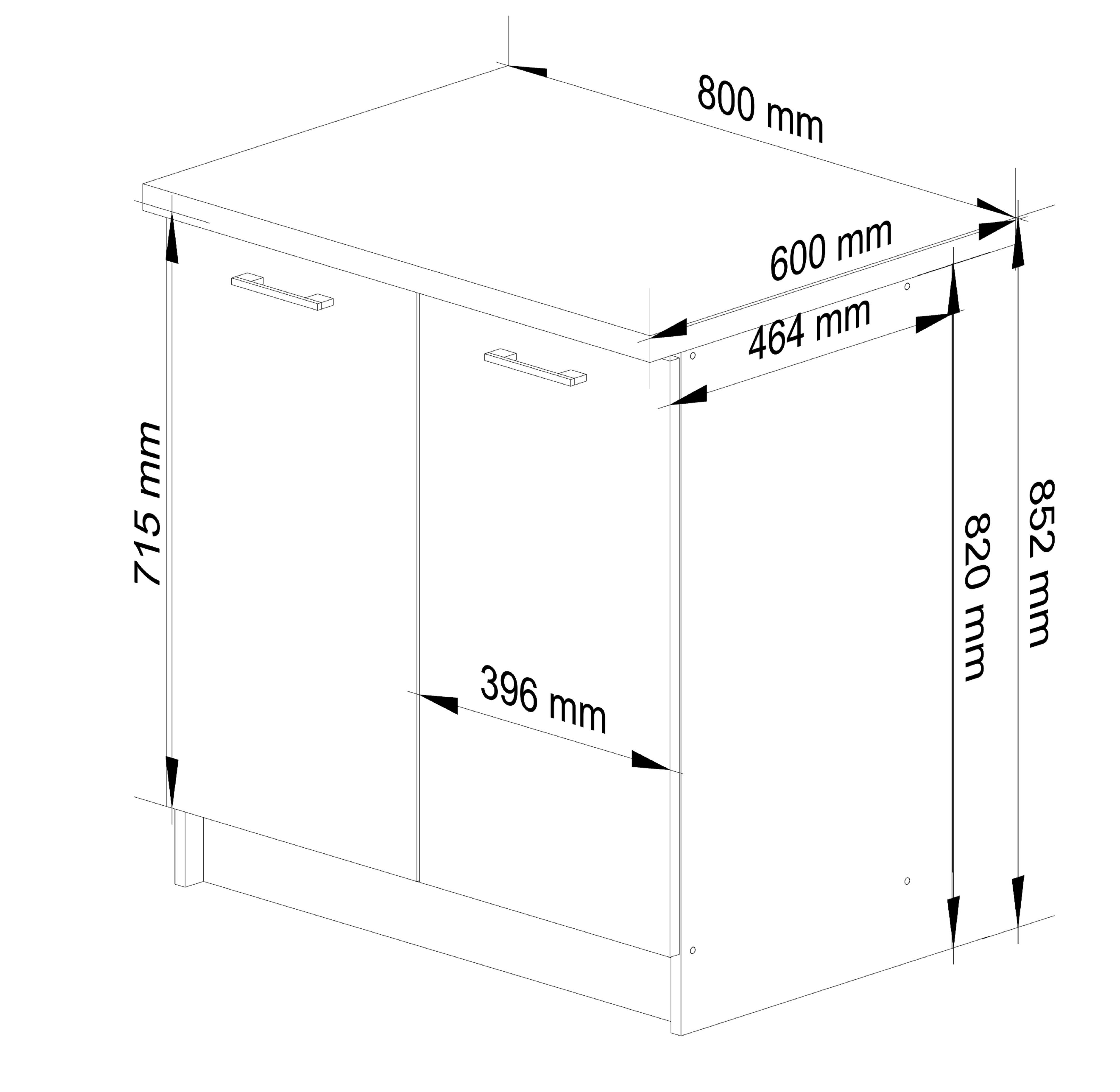 Schemat szafki kuchennej z blatem, z wymiarami: 800 mm szerokości, 600 mm głębokości, 852 mm wysokości całkowitej, 820 mm wysokości korpusu, 715 mm wysokości drzwi, 464 mm głębokości korpusu i 396 mm szerokości drzwi. Szafka posiada dwa uchwyty i dwie pary drzwi.