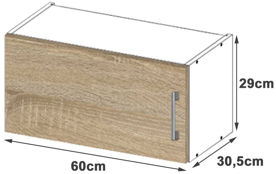 Grafika przedstawia szafkę kuchenną z jednymi drzwiami w kolorze Dąb Sonoma mat. Wymiary szafki to 60 cm szerokości, 29 cm wysokości i 30,5 cm głębokości.