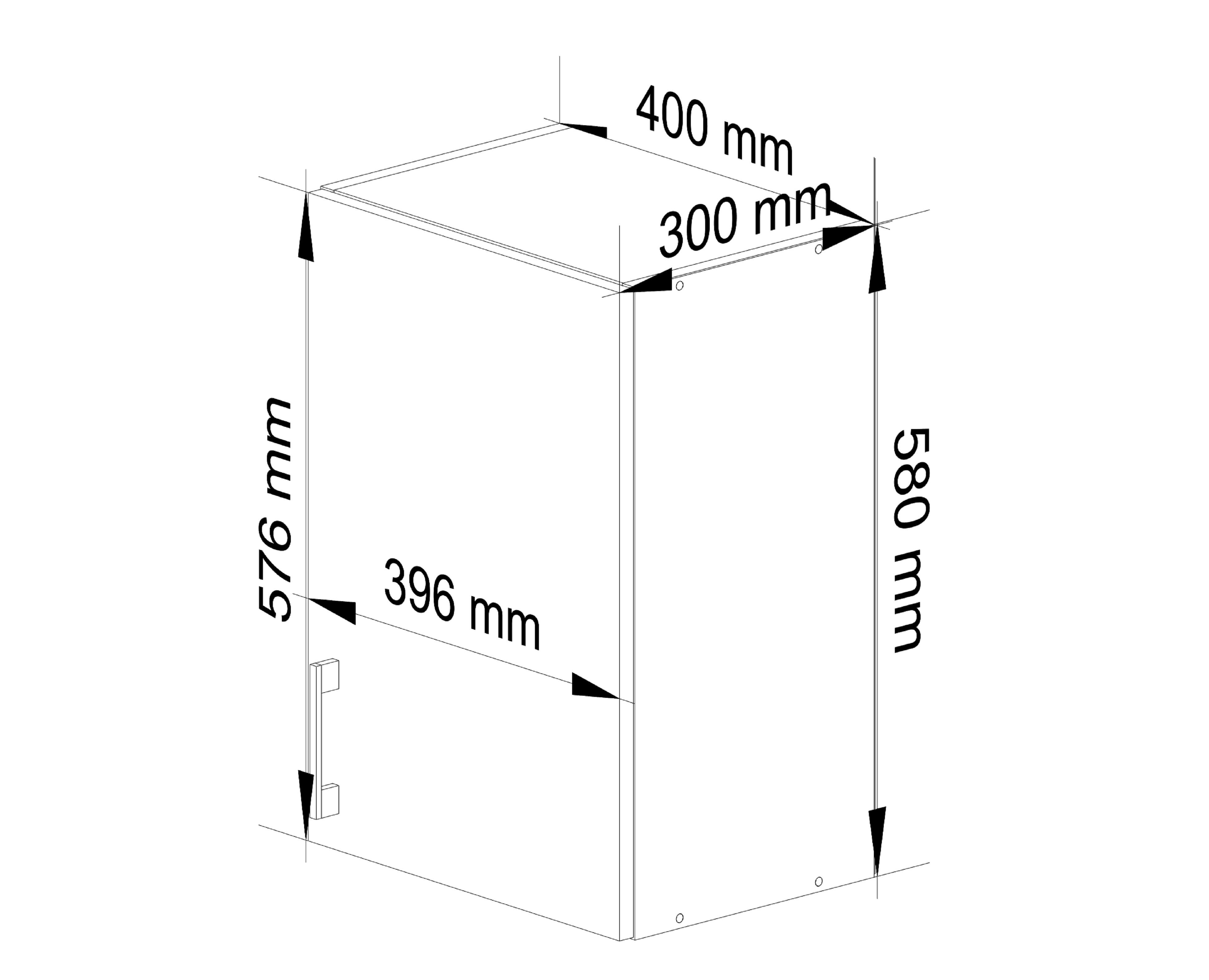 Schemat szafki kuchennej z wymiarami: 400 mm szerokości, 300 mm głębokości, 580 mm wysokości. Dodatkowe wymiary to 576 mm i 396 mm, oznaczające inne części szafki.
