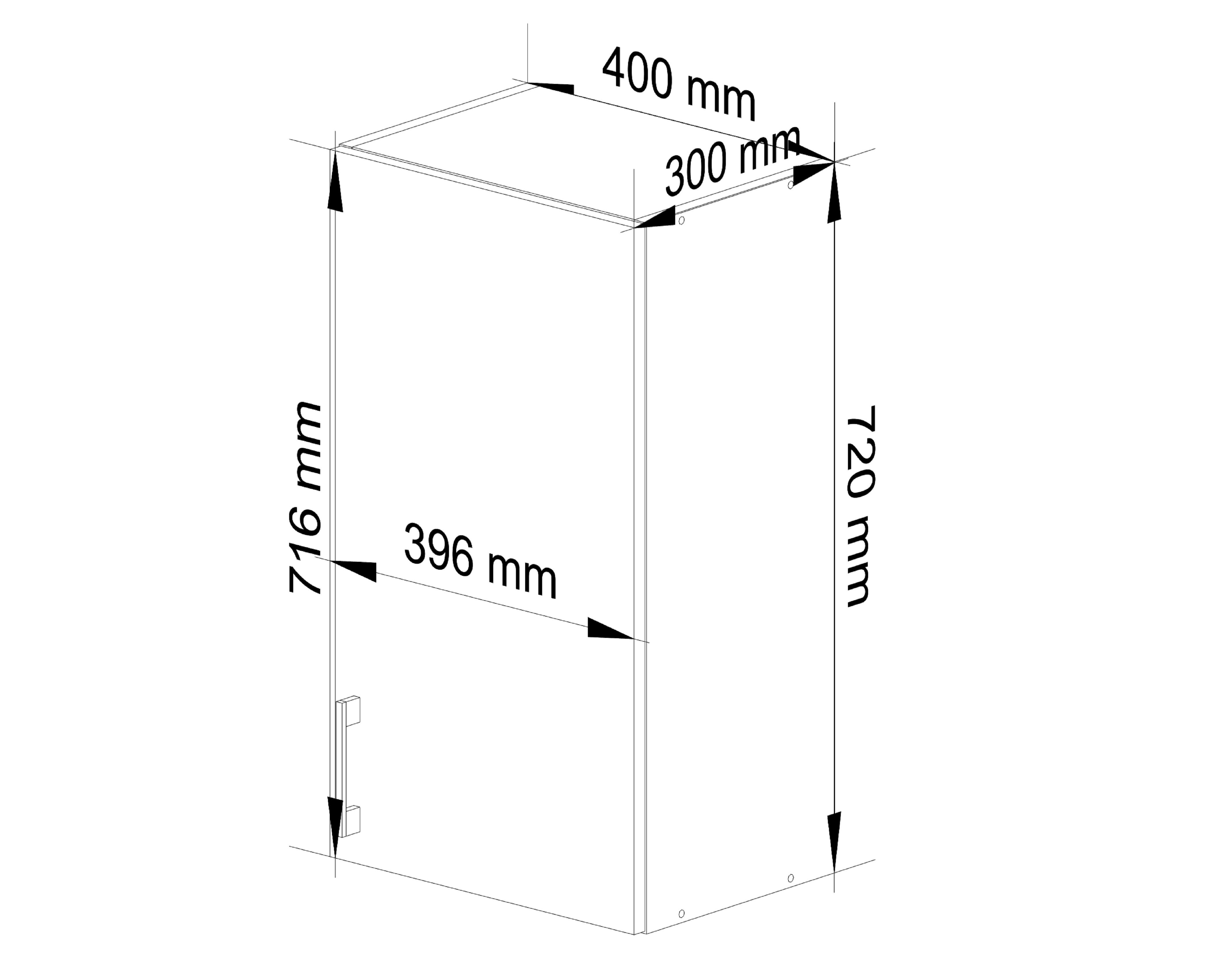 Schemat szafki kuchennej z wymiarami: 400 mm szerokości, 300 mm głębokości, 720 mm wysokości. Widoczne są również wymiary 716 mm i 396 mm na bocznych krawędziach.