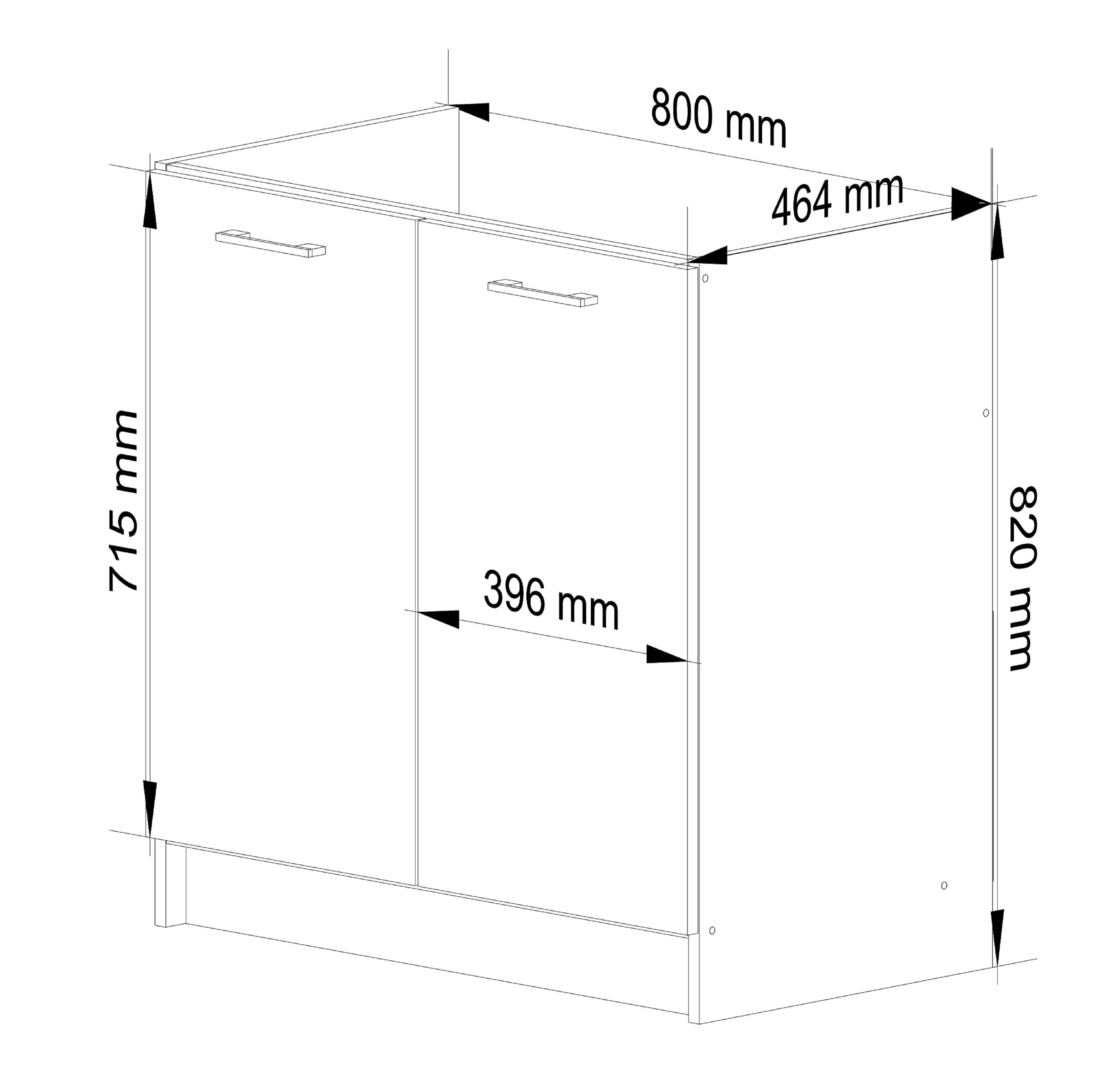 Schemat szafki kuchennej z wymiarami: 800 mm szerokości, 464 mm głębokości, 820 mm wysokości. Widoczne są dwie drzwi z uchwytami i oznaczenie 396 mm szerokości drzwi oraz 715 mm wysokości frontu.