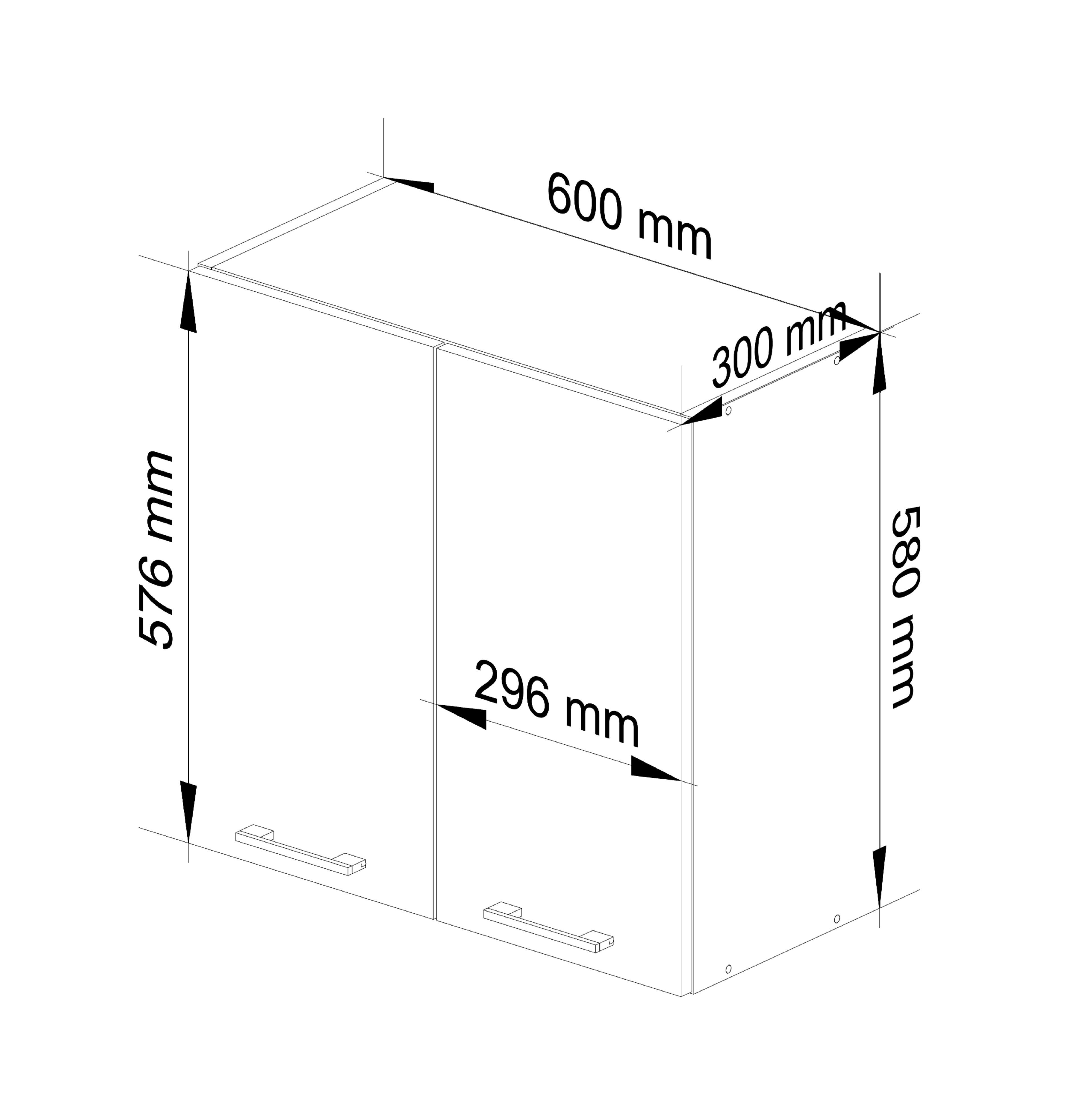 Schemat szafki kuchennej z wymiarami: szerokość 600 mm, głębokość 300 mm, wysokość 580 mm. Widoczne są dwie drzwi o szerokości 296 mm każda oraz uchwyty na drzwiach.
