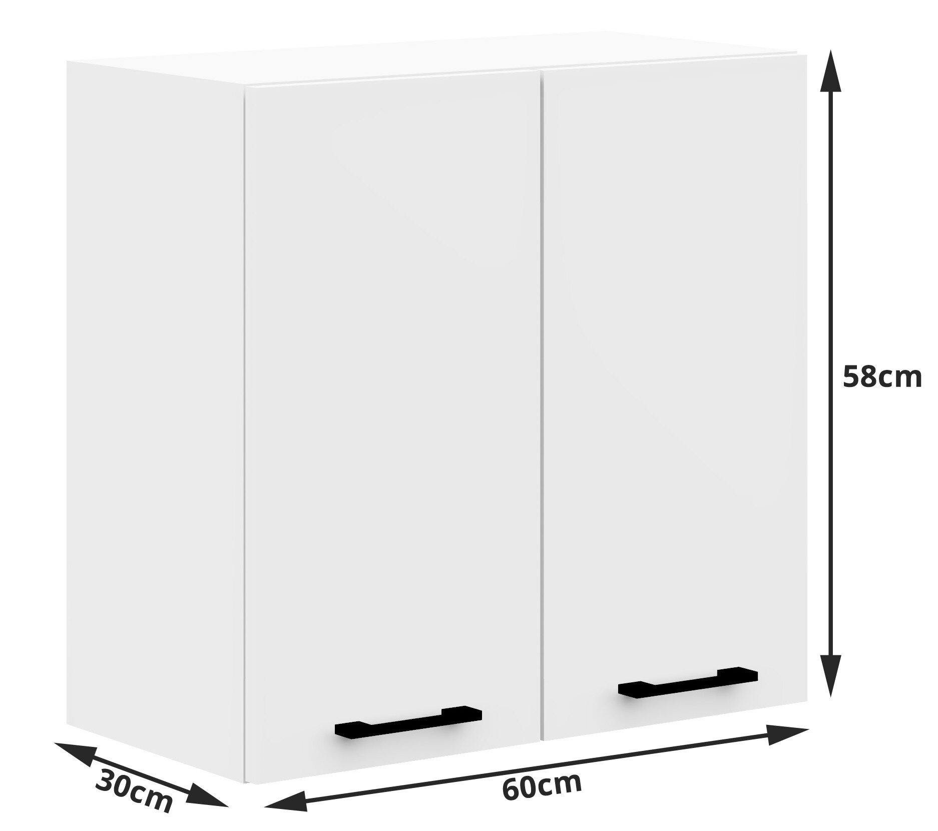 Biała szafka kuchenna z dwoma drzwiami i czarnymi uchwytami, o wymiarach 60 cm szerokości, 30 cm głębokości i 58 cm wysokości. Widoczne są oznaczenia wymiarów na krawędziach szafki.