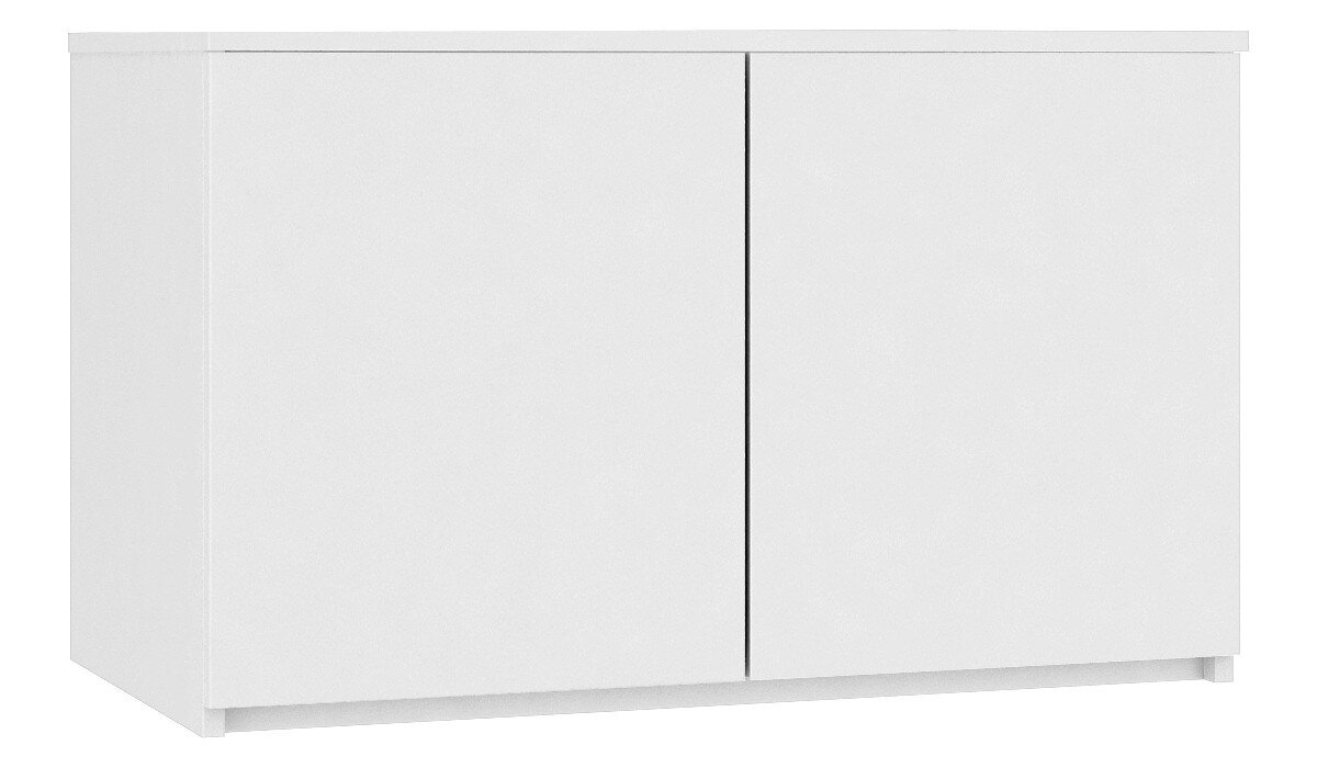 Biała nadstawka na szafę z dwoma drzwiami, wykonana w matowym wykończeniu. Mebel ma prostą, minimalistyczną formę.