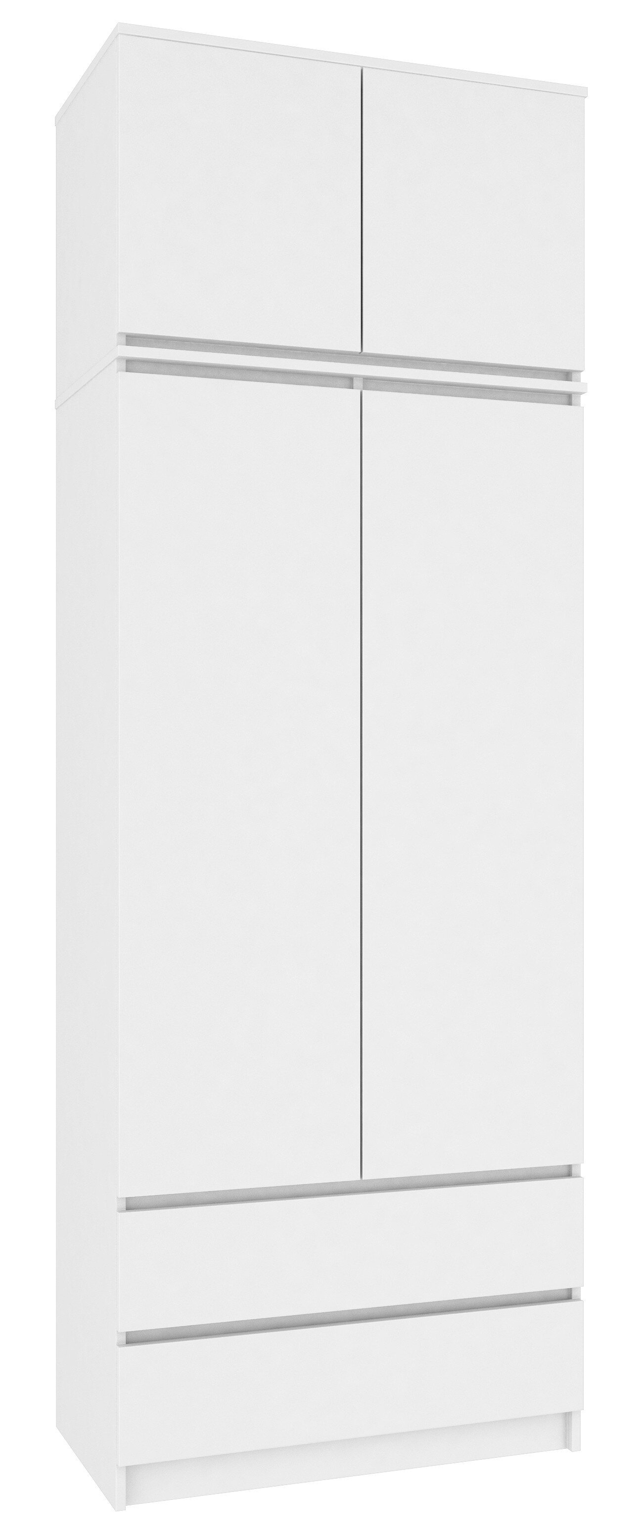 Biała nadstawka na szafę z dwoma drzwiami i dwoma półkami, o matowym wykończeniu. Produkt ma prosty, minimalistyczny design.