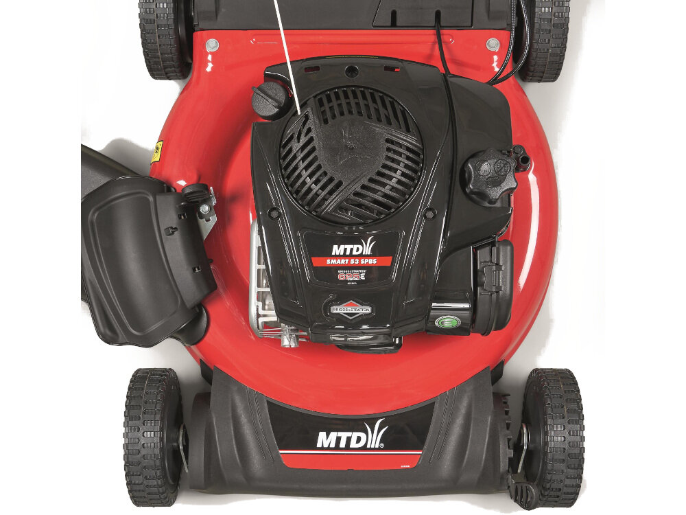 Kosiarka spalinowa MTD Smart 53 SPBS Briggs&Stratton 625 E z napędem koszenie z uwzględnieniem preferowanej wysokości trawy mechanizm sprężynowy 6-stopniowa skala zakres 28-92 mm