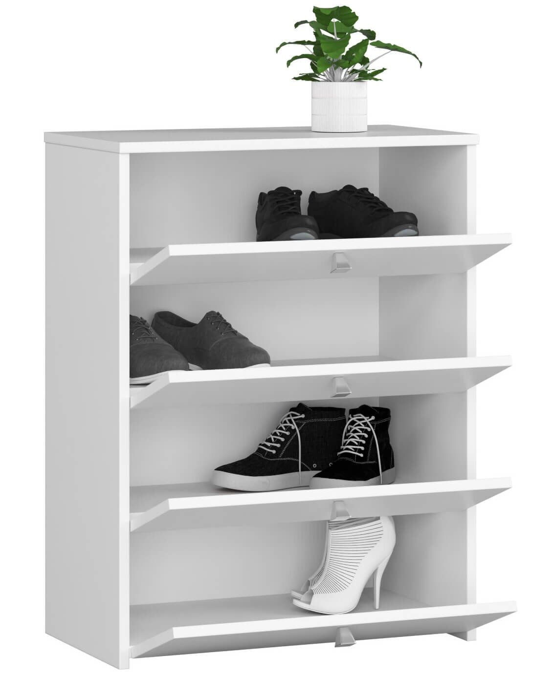 Biała szafka na buty z czterema uchylnymi drzwiami, na której stoi mała roślina w doniczce. W szafce znajdują się różne pary butów, w tym sportowe i eleganckie.