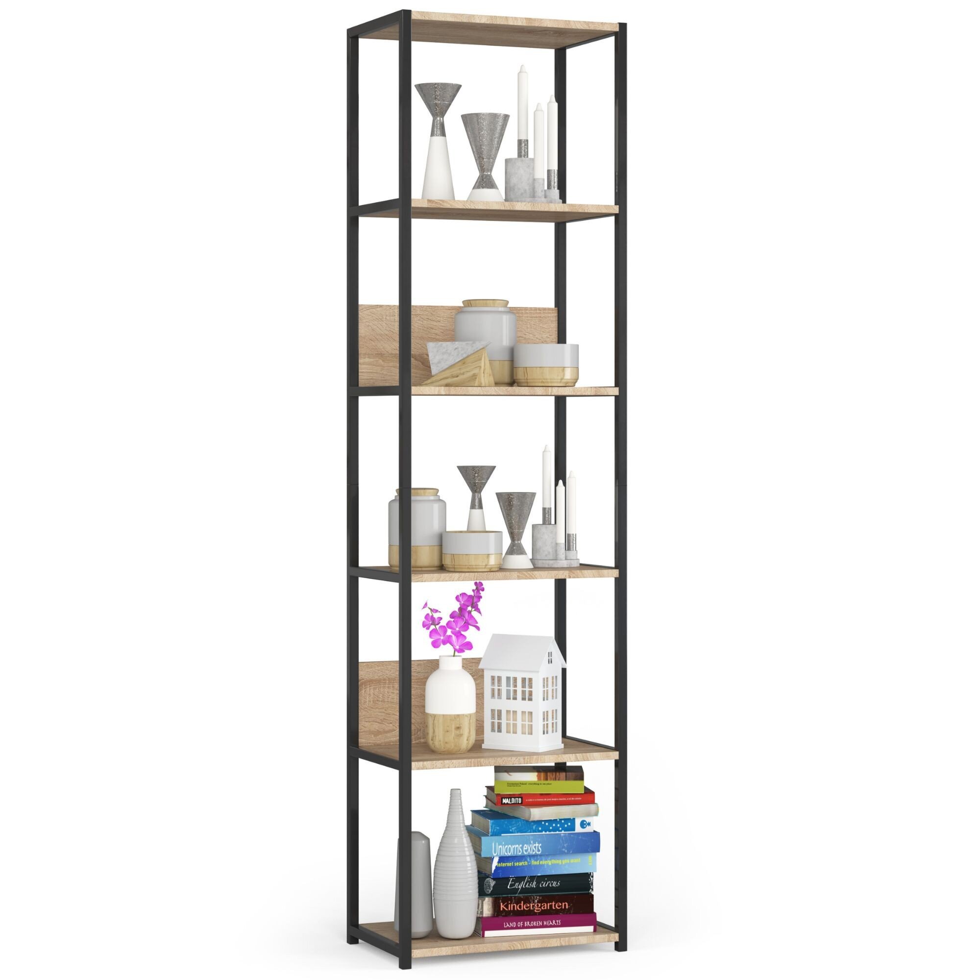 Regał loft AKORD metalowy Czarny 50 cm kolor Dąb Sonoma mat 6 półek 50x32x192 cm - AKORD Meble