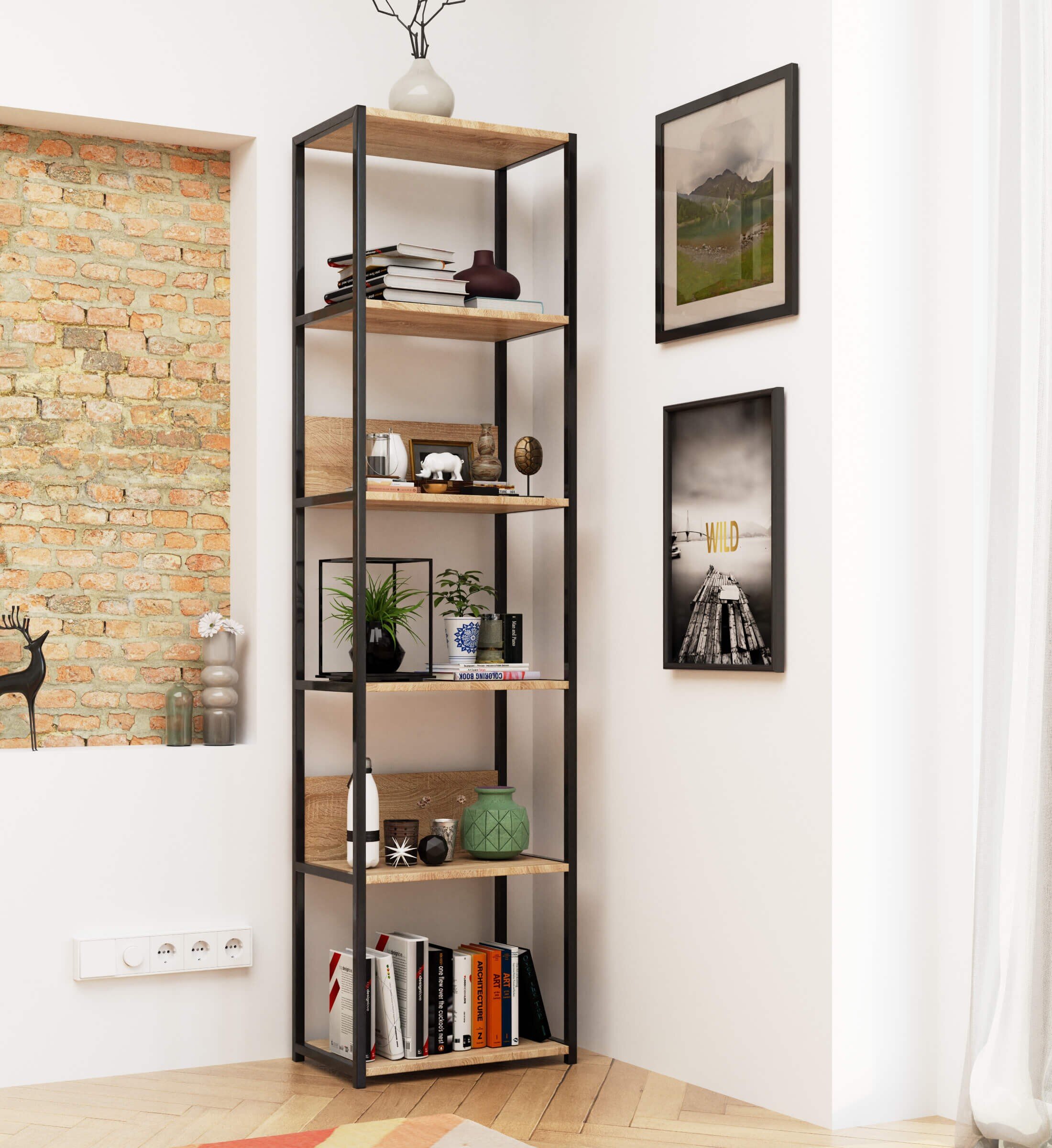 Regał loft AKORD metalowy Czarny 50 cm kolor Dąb Sonoma mat 6 półek 50x32x192 cm - Sklep.akord.net.pl - AKORD Meble