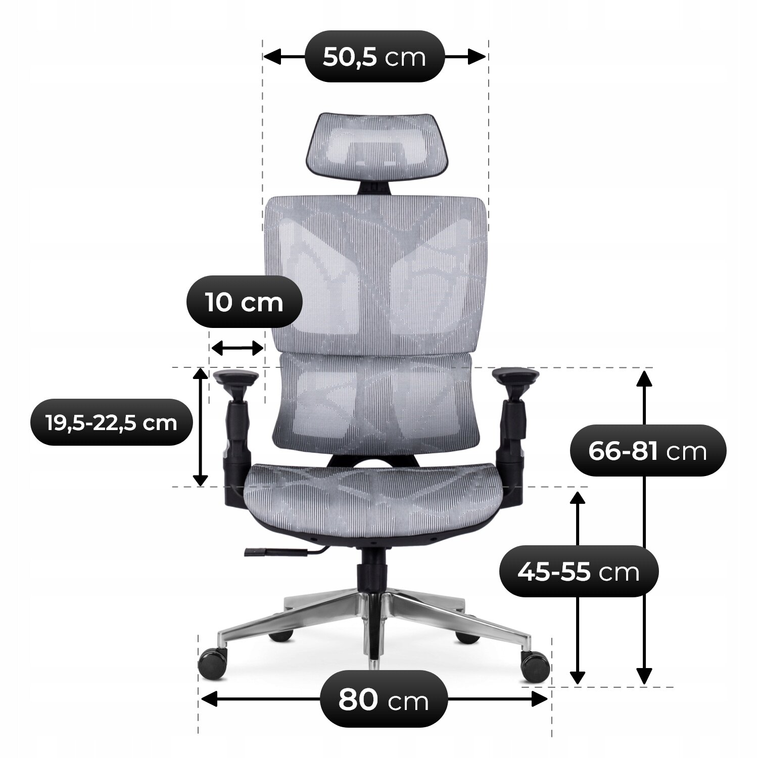 Obraz przedstawia szary, ergonomiczny fotel biurowy obrotowy z podłokietnikami i zagłówkiem. Na obrazie widoczne są wymiary: szerokość oparcia 50,5 cm, wysokość zagłówka 10 cm, regulacja podłokietników 19,5-22,5 cm, wysokość oparcia 66-81 cm, wysokość siedziska 45-55 cm, szerokość podstawy 80 cm.
