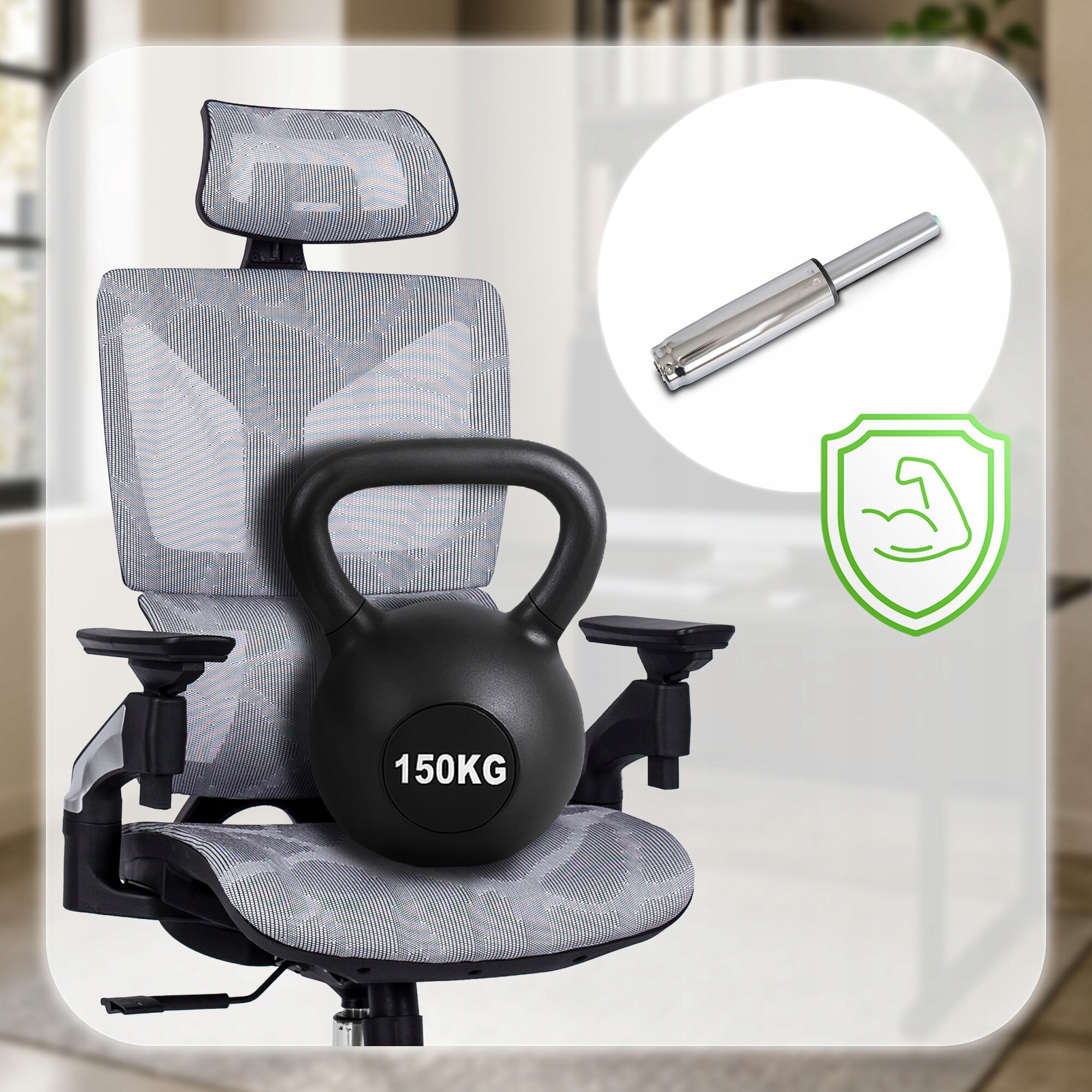 Szary, ergonomiczny fotel biurowy z siatkowym oparciem i zagłówkiem, z czarnym kettlebellem oznaczonym \'150KG\' na siedzisku. Obok fotela widoczny jest metalowy element oraz zielona ikona z symbolem bicepsa.