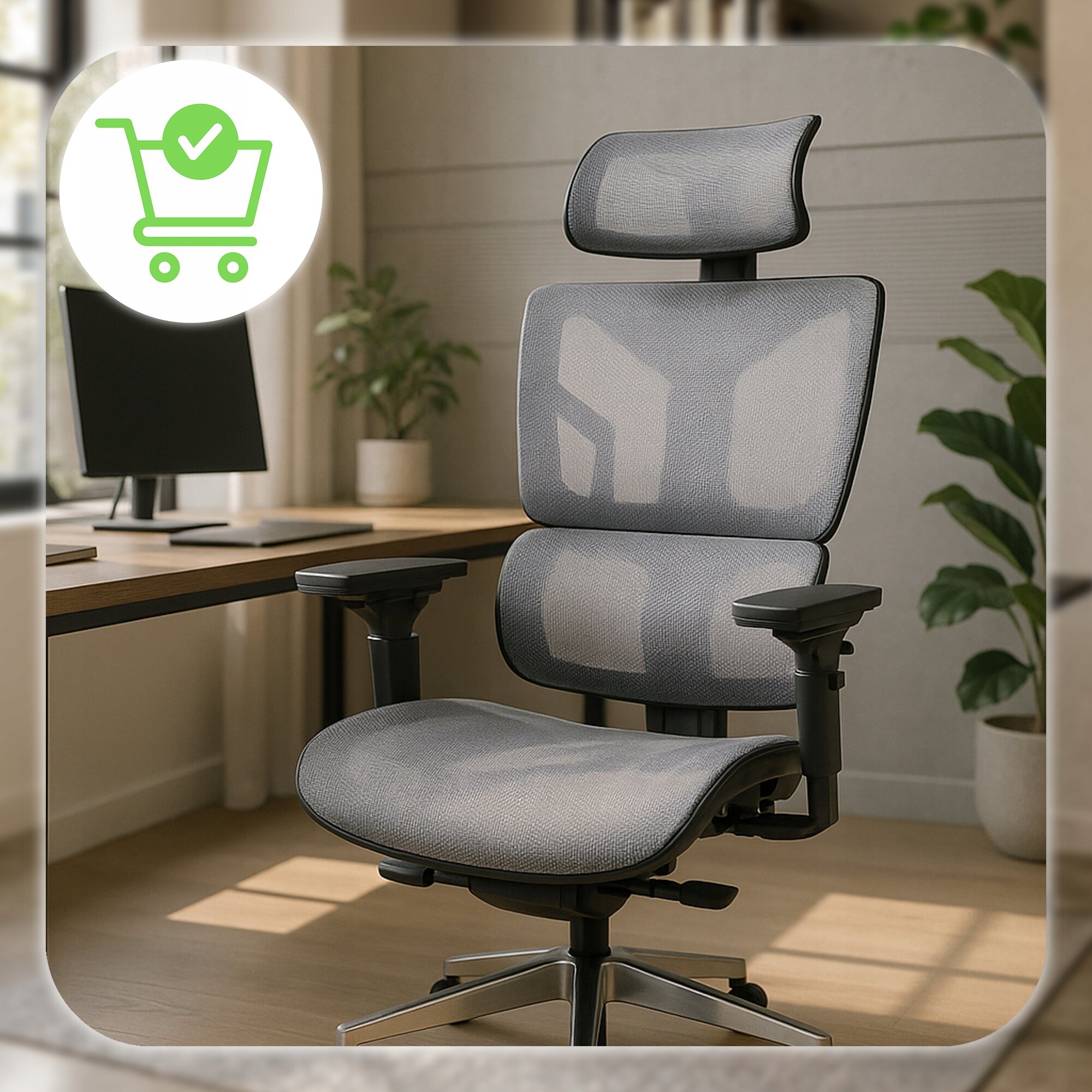 Szary, ergonomiczny fotel biurowy z regulowanym zagłówkiem i podłokietnikami stoi w nowoczesnym wnętrzu. W tle znajduje się biurko z monitorem oraz rośliny doniczkowe.
