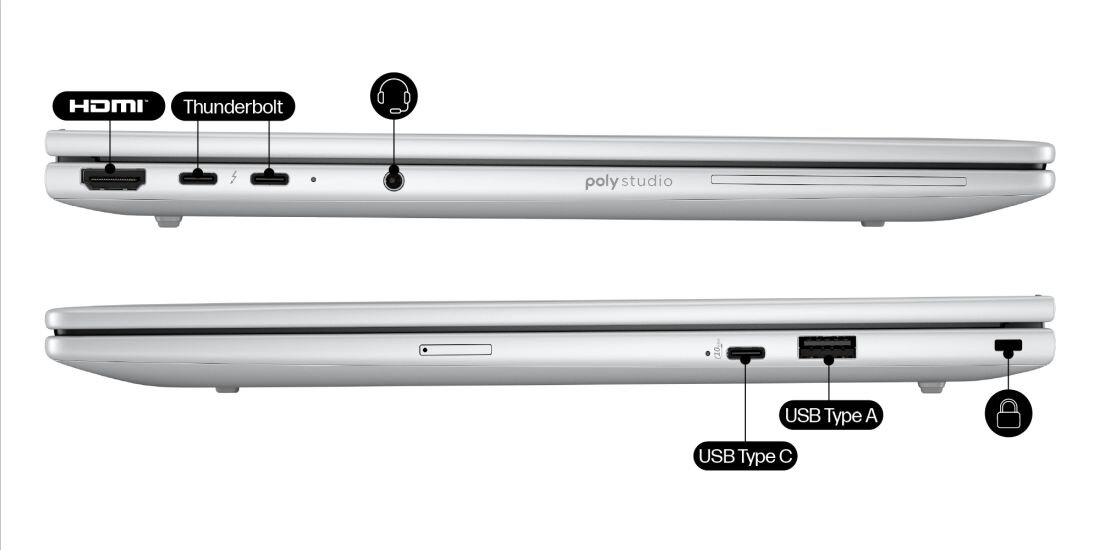 Boczny widok laptopa HP EliteBook 8 G1i z portami – Thunderbolt 4 USB-C 3.2 Gen 2 USB-A HDMI 2.1 Wi-Fi 6E