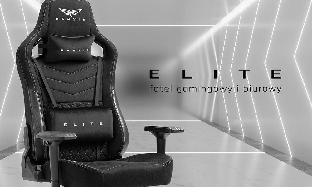 Fotel GAMVIS Elite 2.0 Pro XXL Czarny (białe elementy) prezentacja fotela od przodu pod kątem w tle jasny tunel z ledami