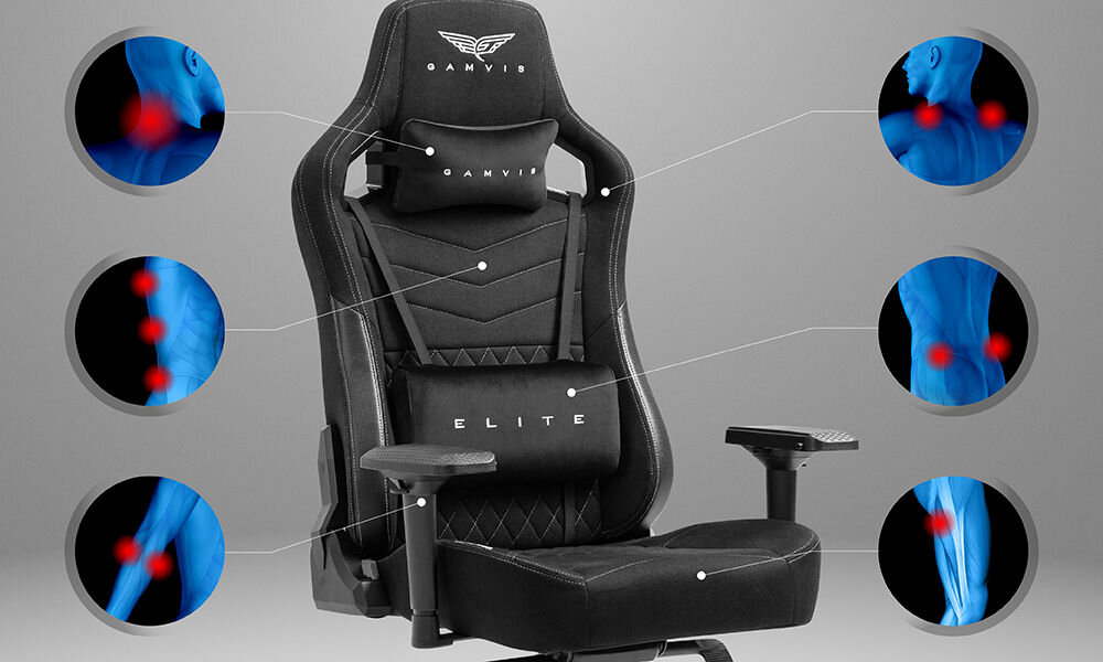 Fotel GAMVIS Elite 2.0 Pro XXL Czarny (białe elementy) prezentacja fotela na szarym tle i pokazanie miejsc na które fotel działa odciążająco ergonomiczne właściwości oparcie i siedzisko poduszki pod głowę i odcinek lędźwiowy wspomaganie prawidłowej postawy komfort