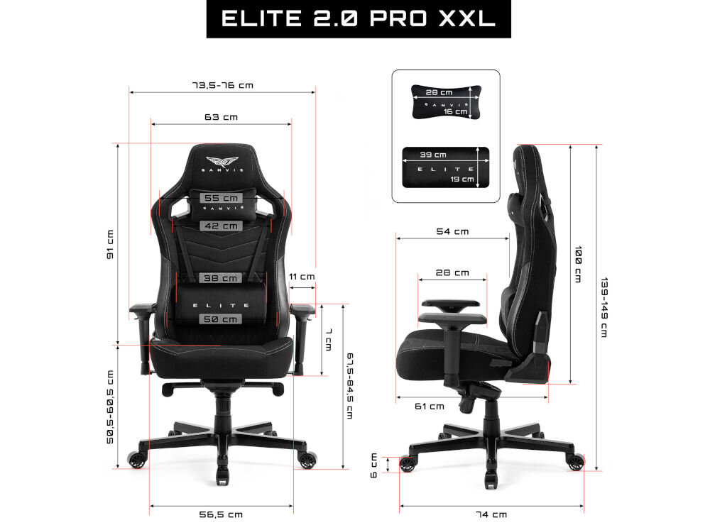 Fotel GAMVIS Elite 2.0 Pro XXL Czarny (białe elementy) prezentacja fotela od przodu i od boku na białym tle wymiary stabilność