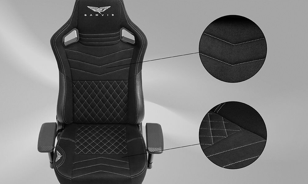 Fotel GAMVIS Elite 2.0 Pro XXL Czarny (białe elementy) wizualizacja wentylacji fotela zbliżenie na siedzisko szare tło napis z technologią swobodny przepływ powietrza HybridComfort+ wygoda eliminacja efektu przyklejania się
