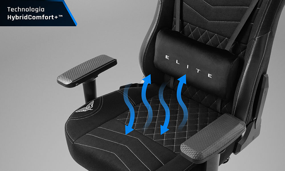 Fotel GAMVIS Elite 2.0 Pro XXL Czarny (białe elementy) zbliżenie na siedzisko fotela szare tło tapicerka z dokładnymi przeszyciami jak w aucie sportowym wygoda efekt wizualny