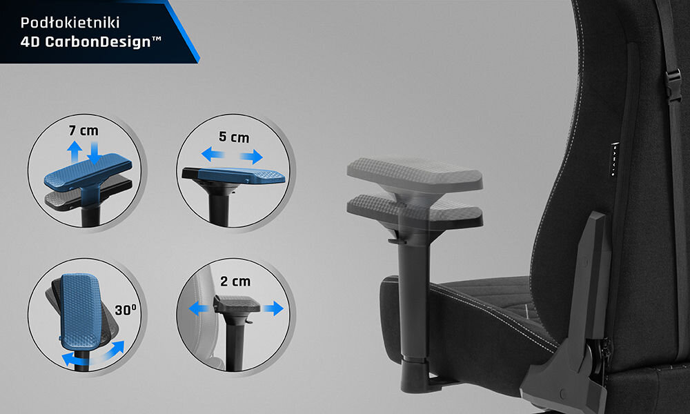 Fotel GAMVIS Elite 2.0 Pro XXL Czarny (białe elementy) zbliżenie na podłokietnik pokazanie jego możliwej regulacji na szarym tle dostosowanie do indywidualnych potrzeb regulacja w czterech płaszczyznach wygodny pad CarbonDesign™ redukcja napięcia poprawia wygodę