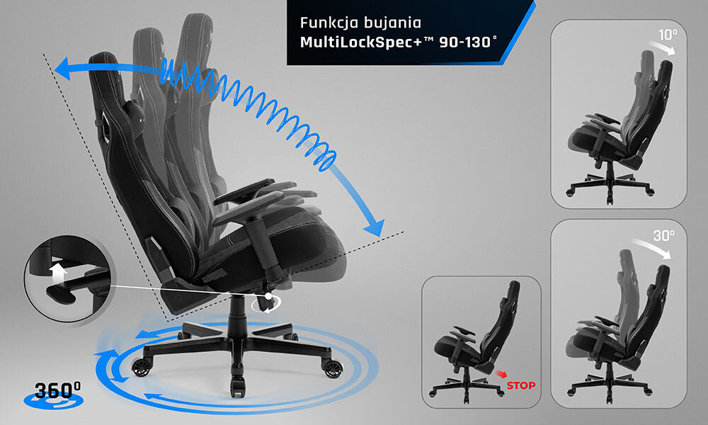 Fotel GAMVIS Elite 2.0 Pro XXL Czarny (białe elementy) prezentacja możliwego zakresu bujania fotela na szarym tle mechanizm bujania MultiLockSpec+ blokada siedziska w dowolnej pozycji stabilna konstrukcja miękkie materiały