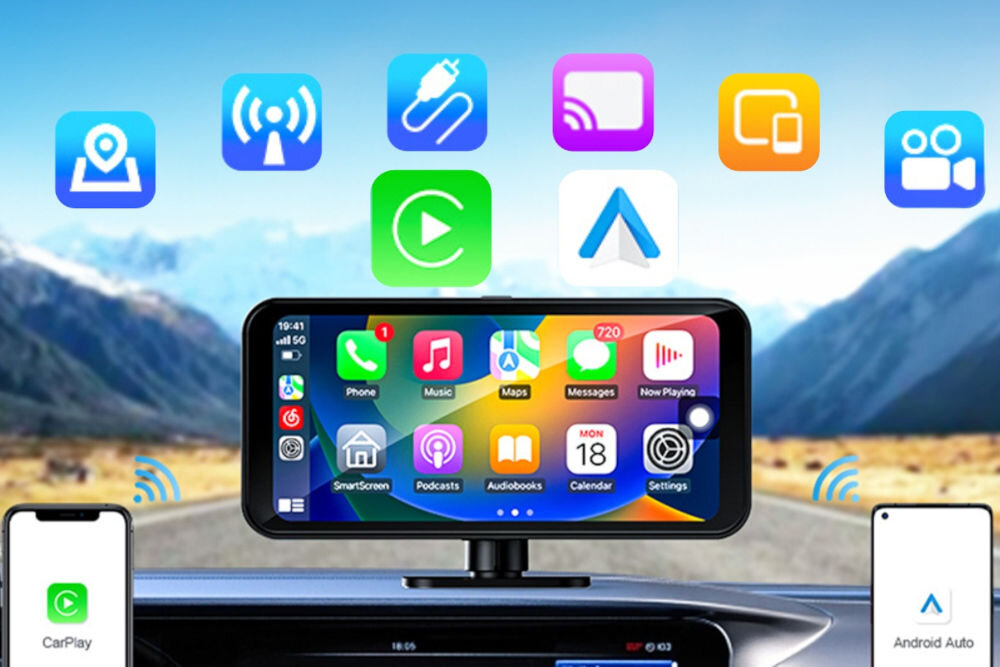 MANTA MMUS101 AutoFusion PRO CarPlay Android Auto bezprzewodowe połączenie z telefonem, integracja z nawigacją i multimediami, ekran przymocowany do kokpitu samochodu