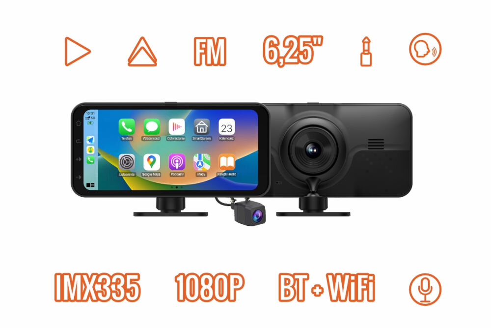 MANTA MMUS101 AutoFusion PRO CarPlay Android Auto rejestrator 4K z sensorem Sony i szerokim kątem widzenia, ekran od frontu oraz od tyłu na białym tle