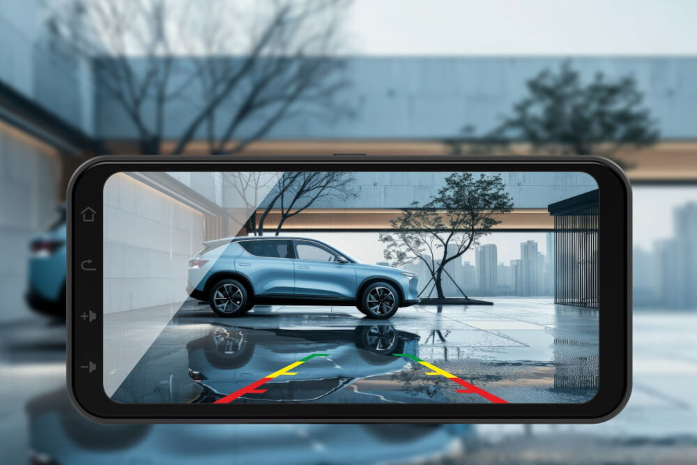 MANTA MMUS101 AutoFusion PRO CarPlay Android Auto połączenie z radiem przez transmiter FM i AUX, ekran wyświetlający obraz z tylnej kamery